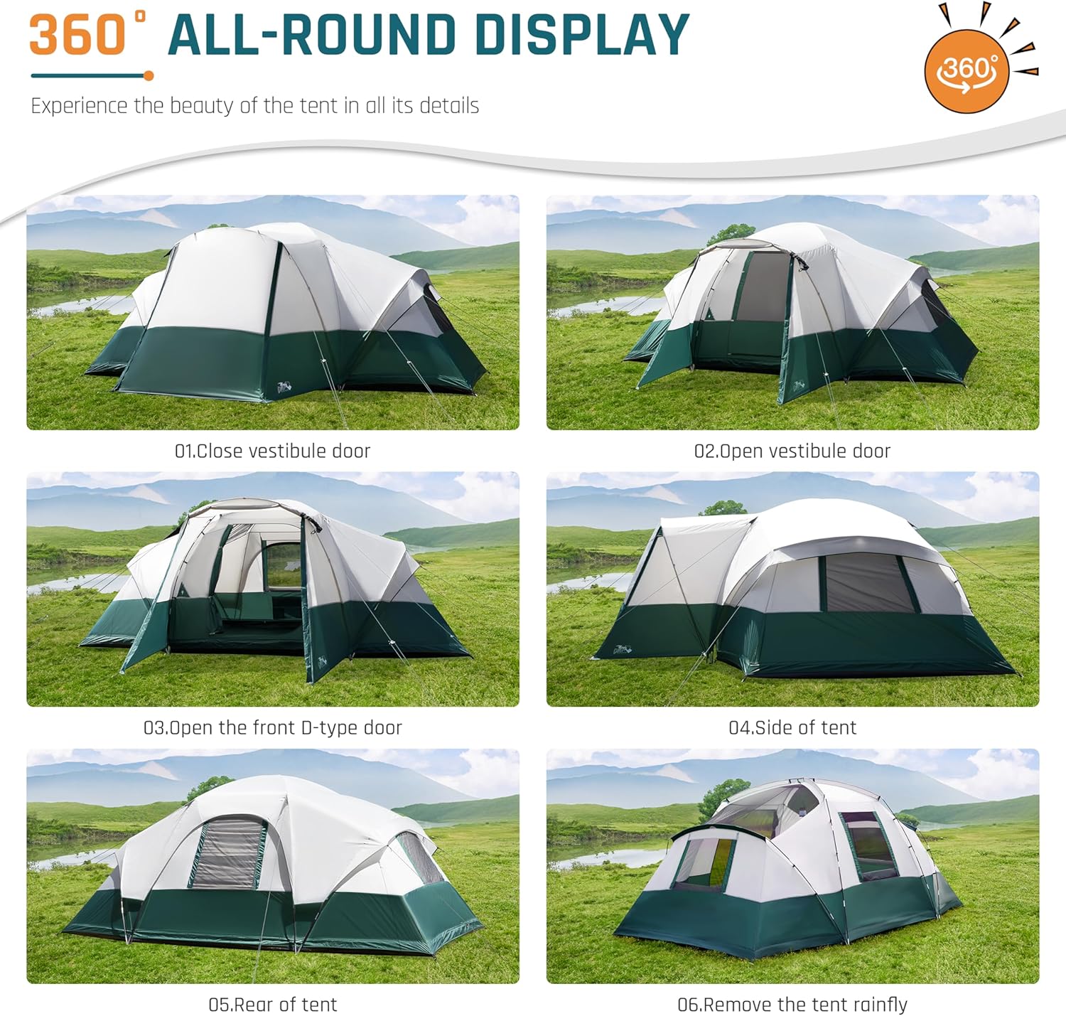 Campingzelt für 8/10/11 Personen mit Veranda, Familienzelte zum Campen, Großes Kuppeltunnelzelt inklusive Regenfliege, einfach aufzustellende große Zelte für Outdoor-Camping, reflektierendes winddichtes Seil, großer Vestibül