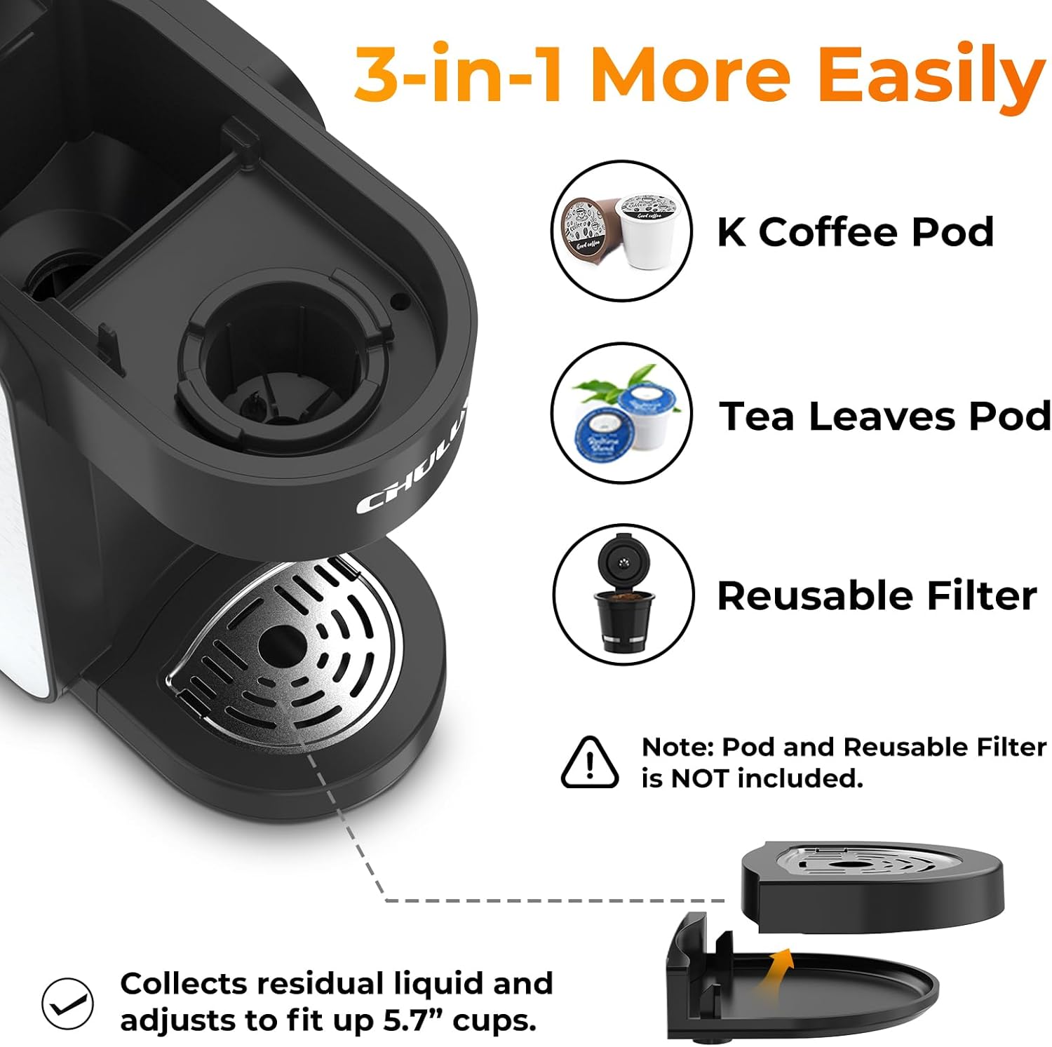 CHULUX 1000W Compact Coffee Maker Single Serve, Instant One Cup Coffee Pod Maker for K Cup  Ground Coffee, Stainless Steel Capsule Coffee Machine 90s Fast Brewing · v3