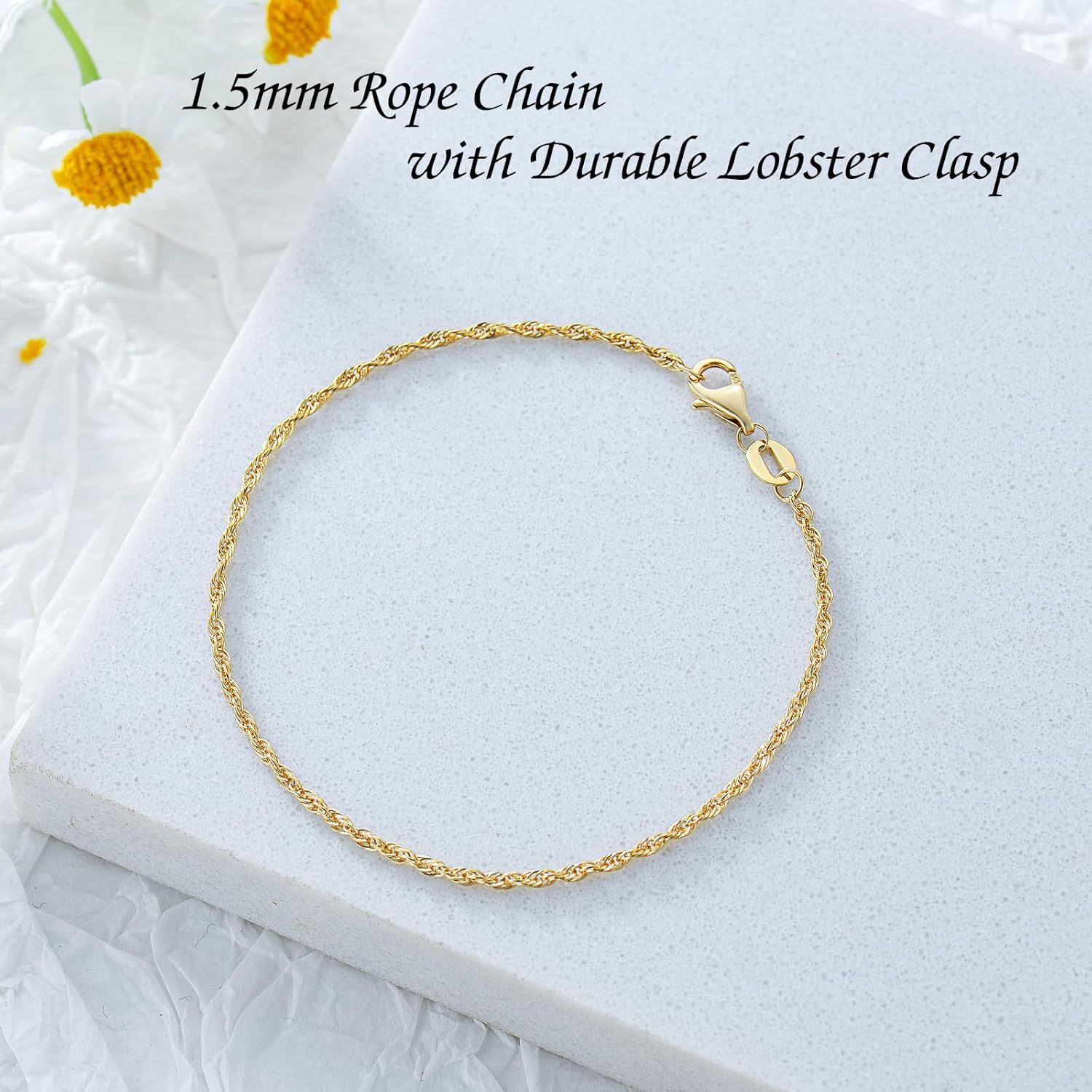 14K Yellow Gold 6-13 Inch 1.2mm-3.2mm Chain Bracelet Anklet for Women, Cuban Link Curb/Rope/Paper Clip/Round Snake/Herringbone/Bead/Water Wave, Thin Gold Chain Bracelet Durable Strong Real 14k Gold Chain Bracelet Anklet · v4