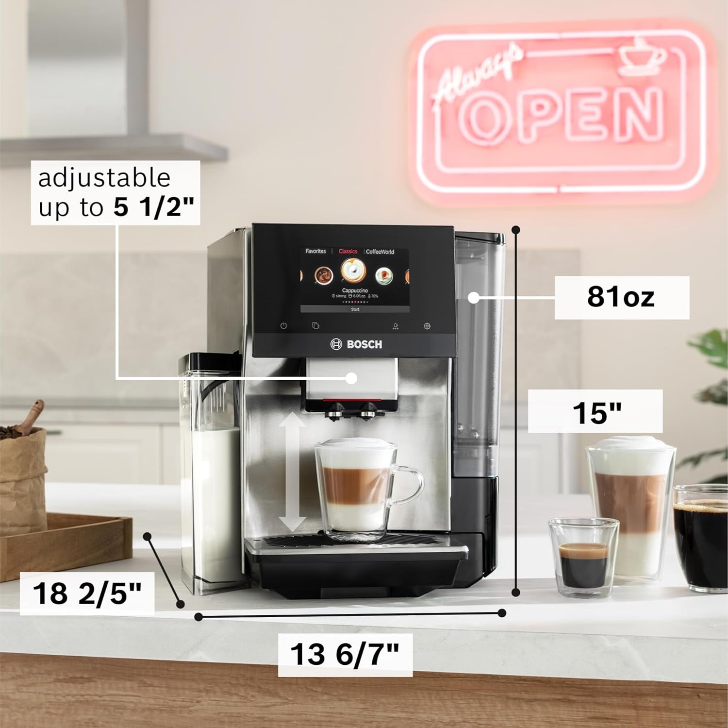 Cafetera espresso Bosch TQU60703 serie 800 VeroCafe totalmente automática con Home Connect, 36 variedades de café con Coffee World, calentador de tazas, taza doble, recipiente de leche integrado, en acero inoxidable