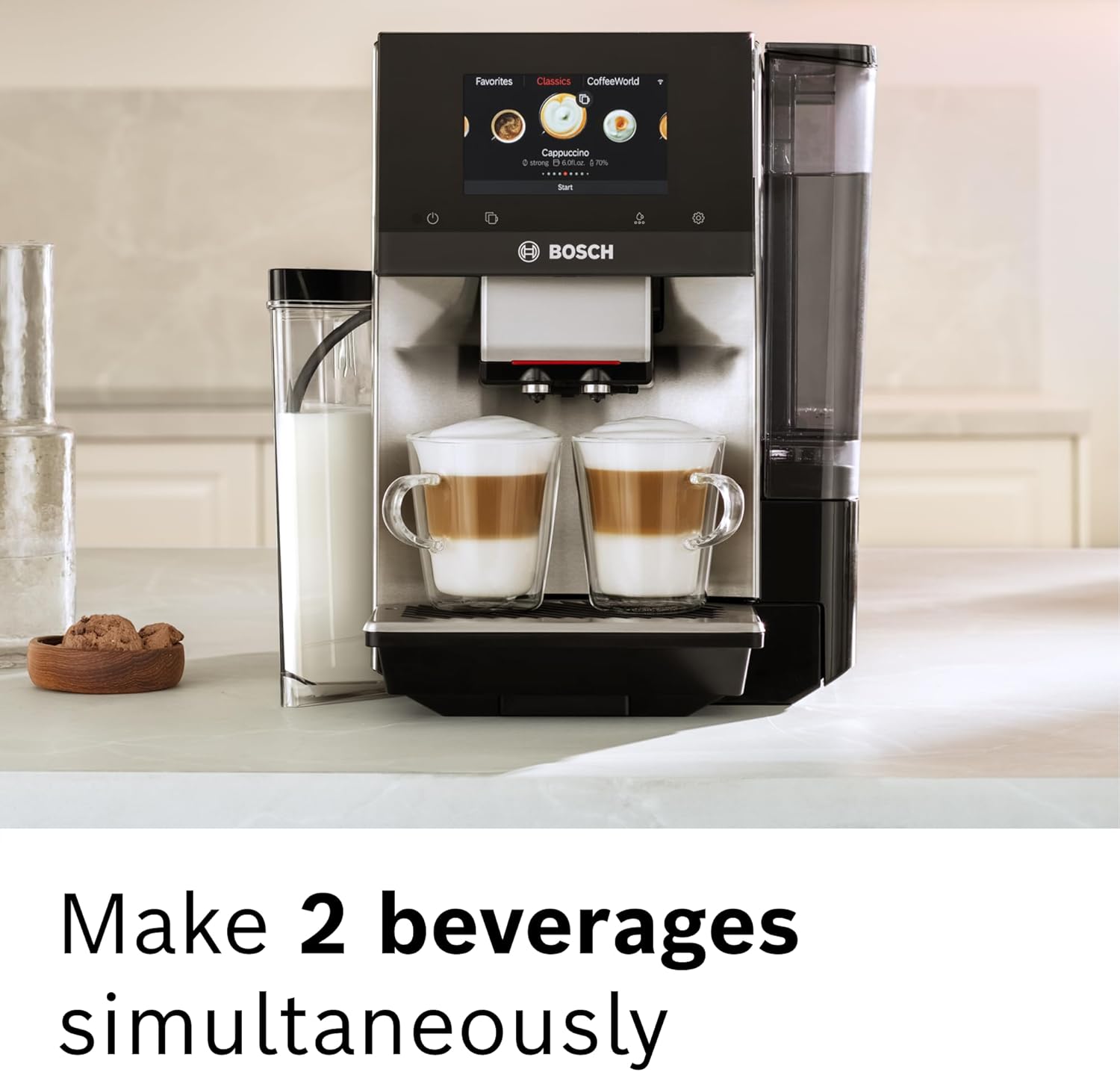 Cafetera espresso Bosch TQU60703 serie 800 VeroCafe totalmente automática con Home Connect, 36 variedades de café con Coffee World, calentador de tazas, taza doble, recipiente de leche integrado, en acero inoxidable