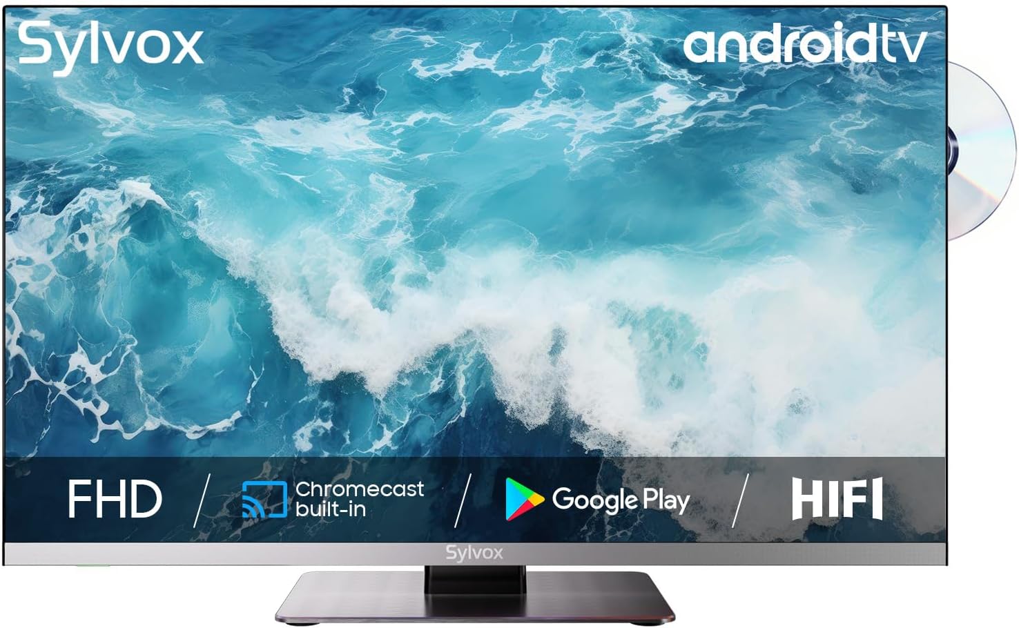 ทีวี SYLVOX 12 โวลต์, สมาร์ททีวี 22 นิ้วพร้อมเครื่องเล่นดีวีดีในตัว, Android TV 1080P พร้อม Google Play, ATSC NTSC WiFi บลูทูธ HDMI USB, ใช้พลังงานไฟฟ้ากระแสสลับ/กระแสตรง, ทีวี 12 โวลต์สำหรับ RV Camper Boat Coastal Home (Marine Series)