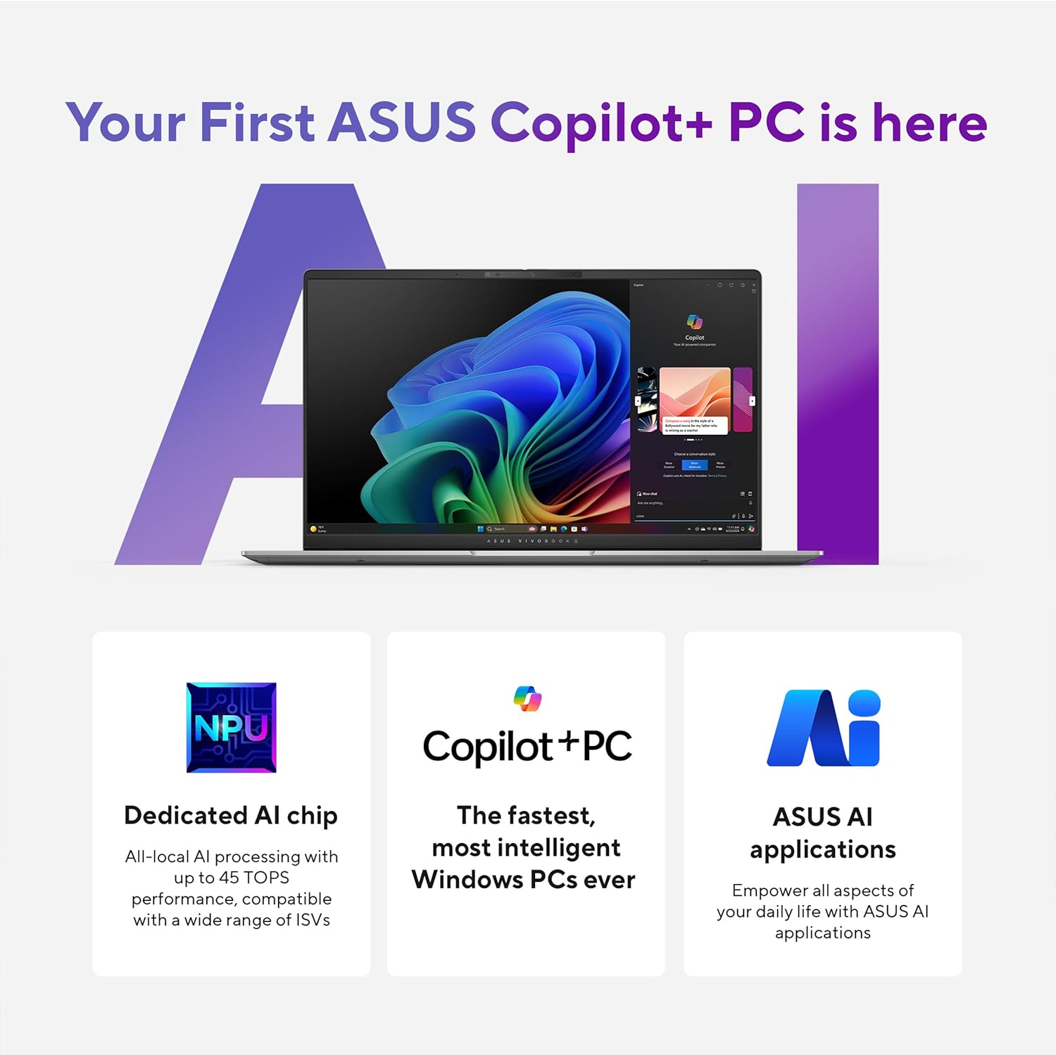 Computer portatile ASUS Vivobook S 15; PC Copilot, display OLED da 15,6 pollici 3K 120 Hz, processore a 12 core Qualcomm Snapdragon X Elite X1E-78-100, 16 GB di RAM, SSD da 1 TB, Windows 11 Home, Cool Silver, S5507QAD-PS96