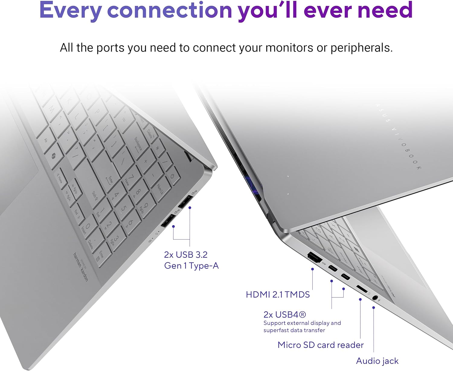 Computer portatile ASUS Vivobook S 15; PC Copilot, display OLED da 15,6 pollici 3K 120 Hz, processore a 12 core Qualcomm Snapdragon X Elite X1E-78-100, 16 GB di RAM, SSD da 1 TB, Windows 11 Home, Cool Silver, S5507QAD-PS96