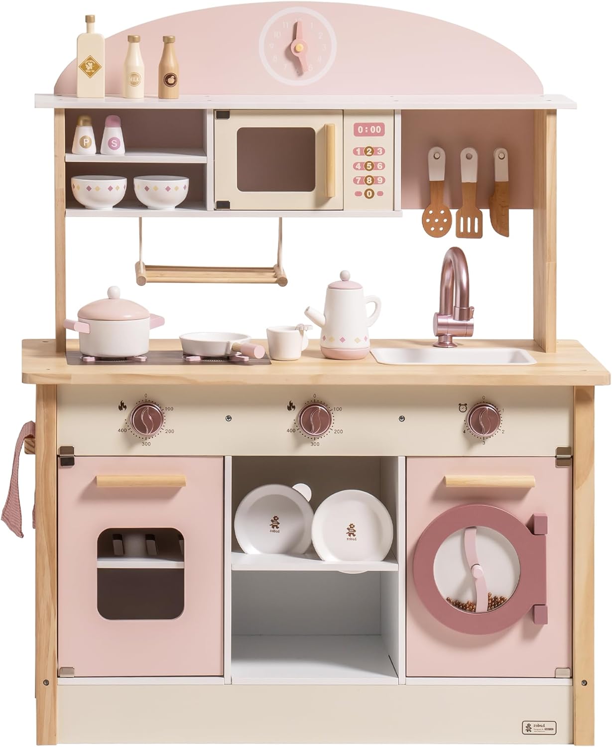 ROBUD Play Kitchen for Kids Toddlers, Wooden Play Kitchen with Realistic Accessories, Toy Kitchen Set with Plenty of Play Features, Modern Style Toy Kitchen for Girls  Boys, Gift for Ages 3 , Pink · v5