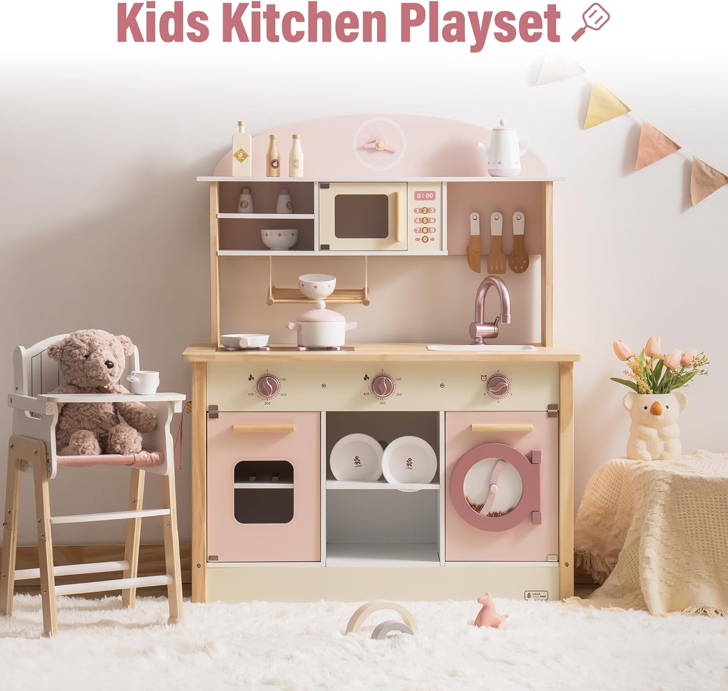 ROBUD Play Kitchen for Kids Toddlers, Wooden Play Kitchen with Realistic Accessories, Toy Kitchen Set with Plenty of Play Features, Modern Style Toy Kitchen for Girls  Boys, Gift for Ages 3 , Pink · v5