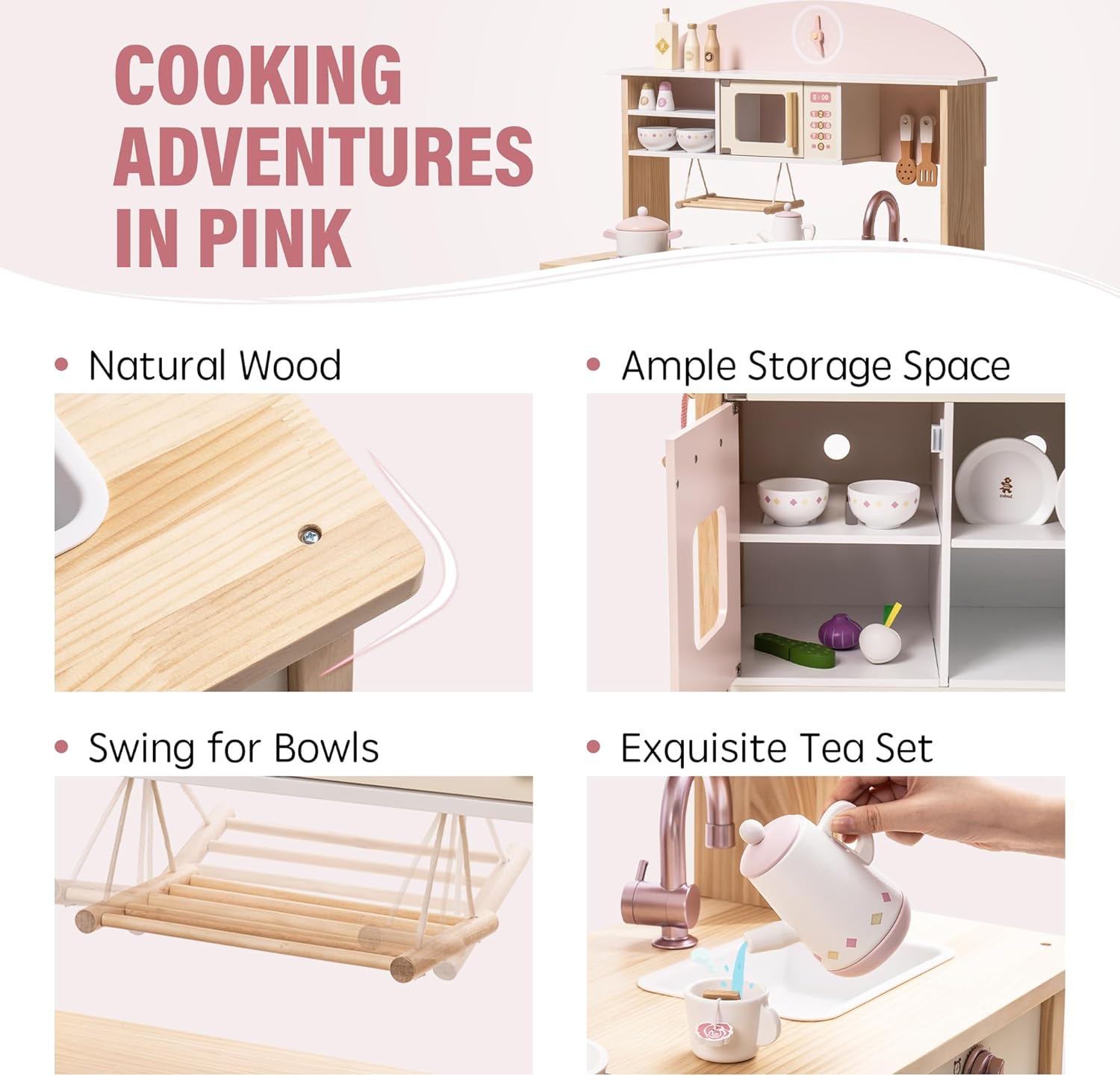 ROBUD Play Kitchen for Kids Toddlers, Wooden Play Kitchen with Realistic Accessories, Toy Kitchen Set with Plenty of Play Features, Modern Style Toy Kitchen for Girls  Boys, Gift for Ages 3 , Pink · v5