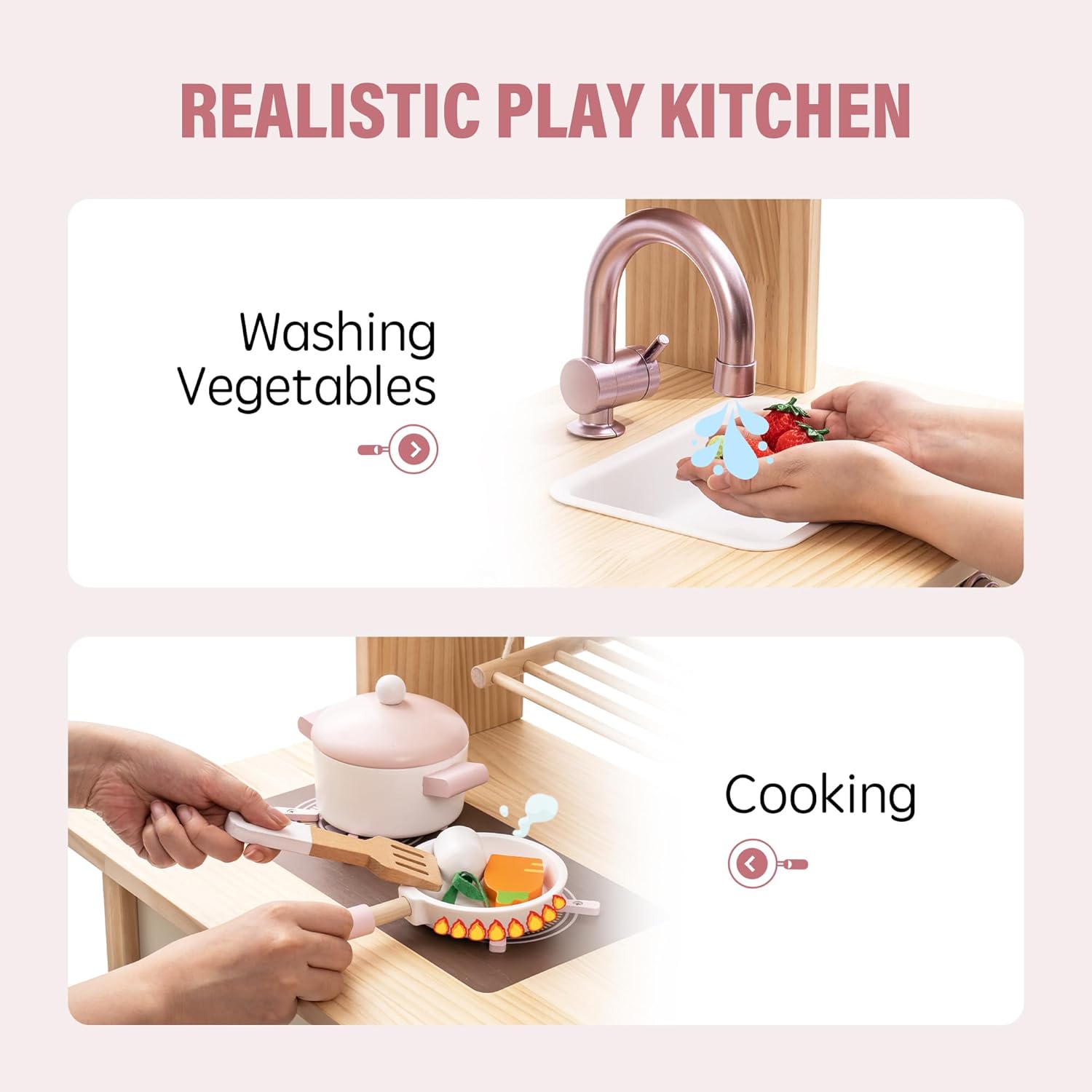 ROBUD Play Kitchen for Kids Toddlers, Wooden Play Kitchen with Realistic Accessories, Toy Kitchen Set with Plenty of Play Features, Modern Style Toy Kitchen for Girls  Boys, Gift for Ages 3 , Pink · v5