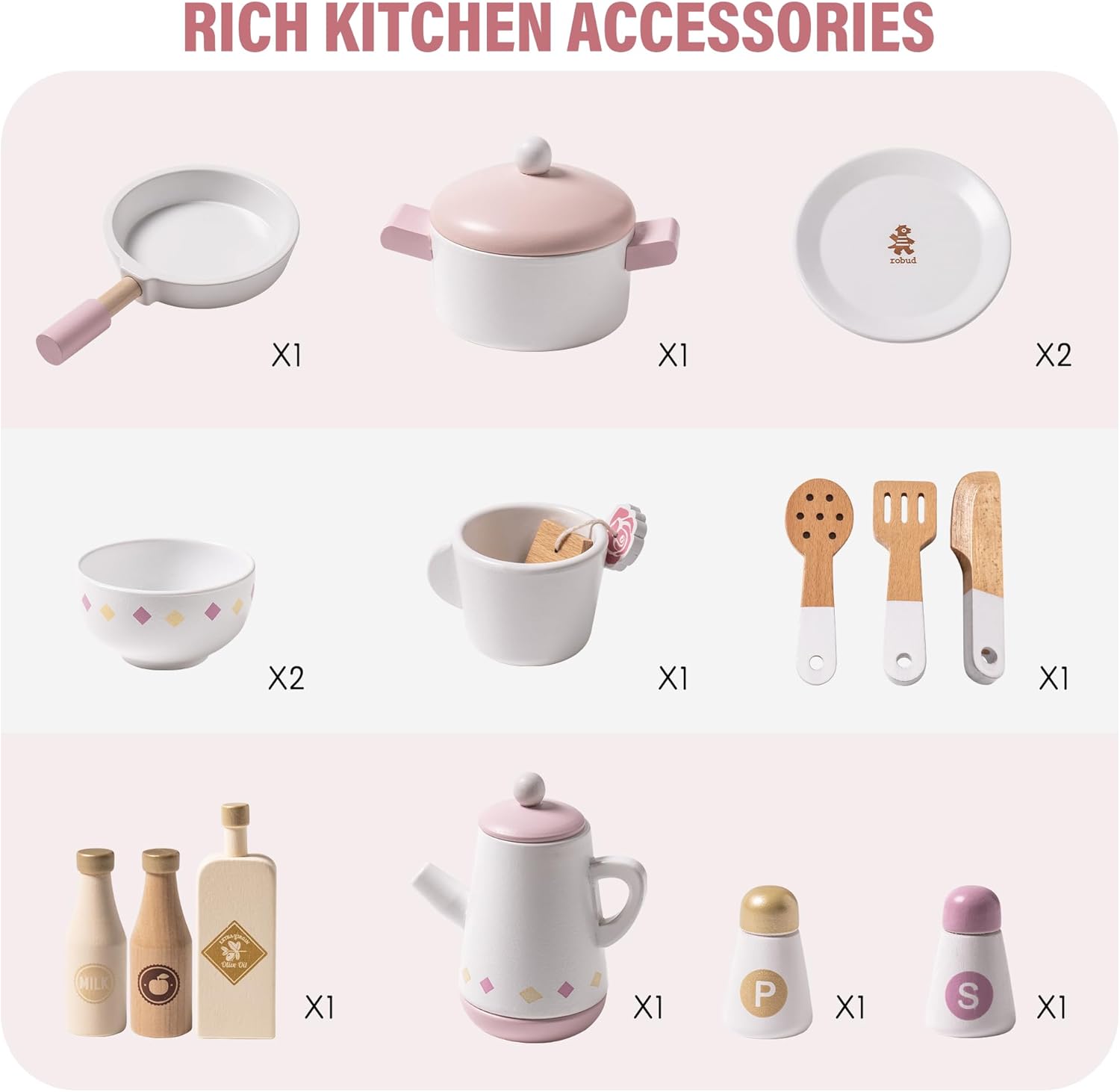 ROBUD Play Kitchen for Kids Toddlers, Wooden Play Kitchen with Realistic Accessories, Toy Kitchen Set with Plenty of Play Features, Modern Style Toy Kitchen for Girls  Boys, Gift for Ages 3 , Pink · v5