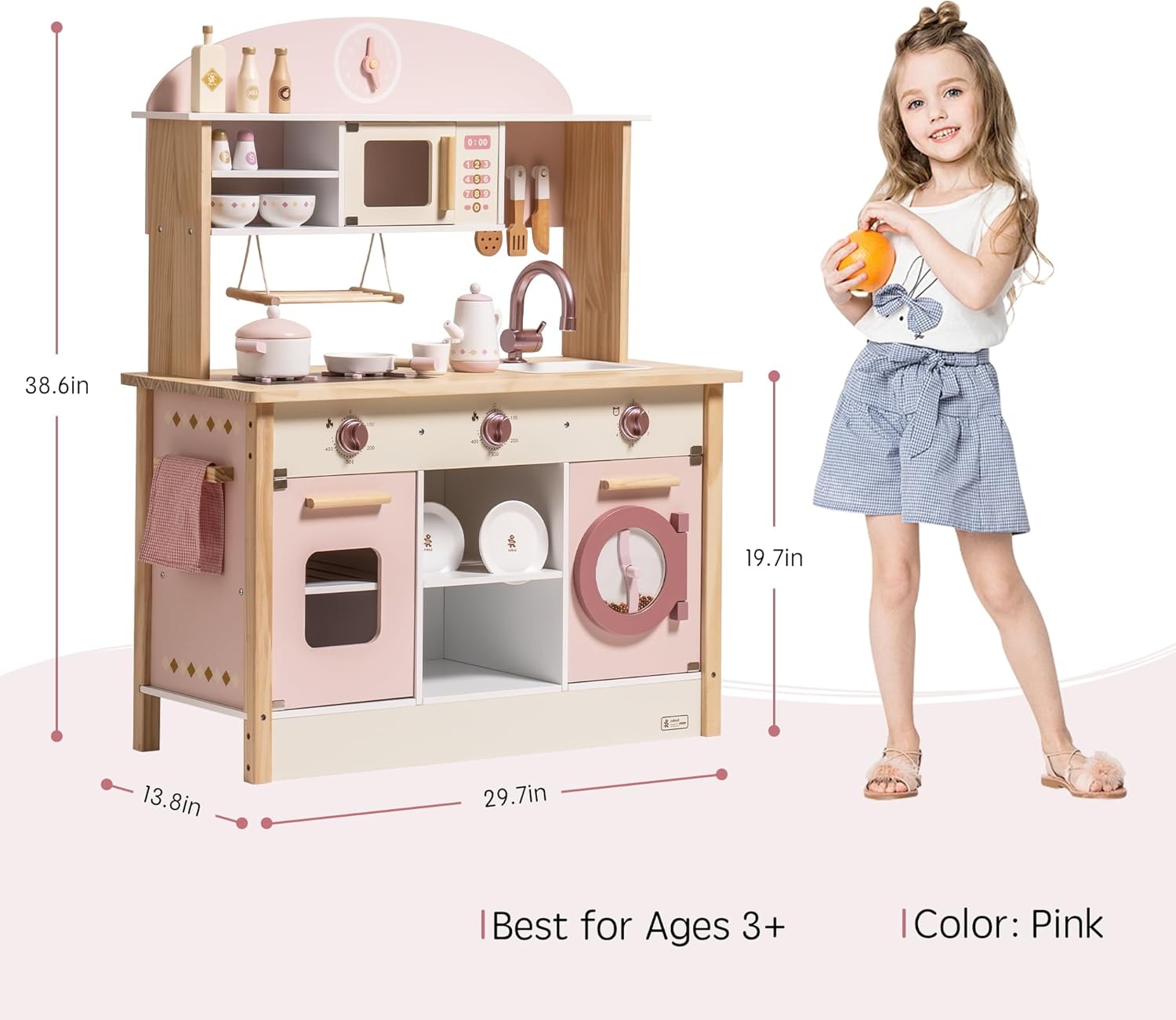 ROBUD Play Kitchen for Kids Toddlers, Wooden Play Kitchen with Realistic Accessories, Toy Kitchen Set with Plenty of Play Features, Modern Style Toy Kitchen for Girls  Boys, Gift for Ages 3 , Pink · v5
