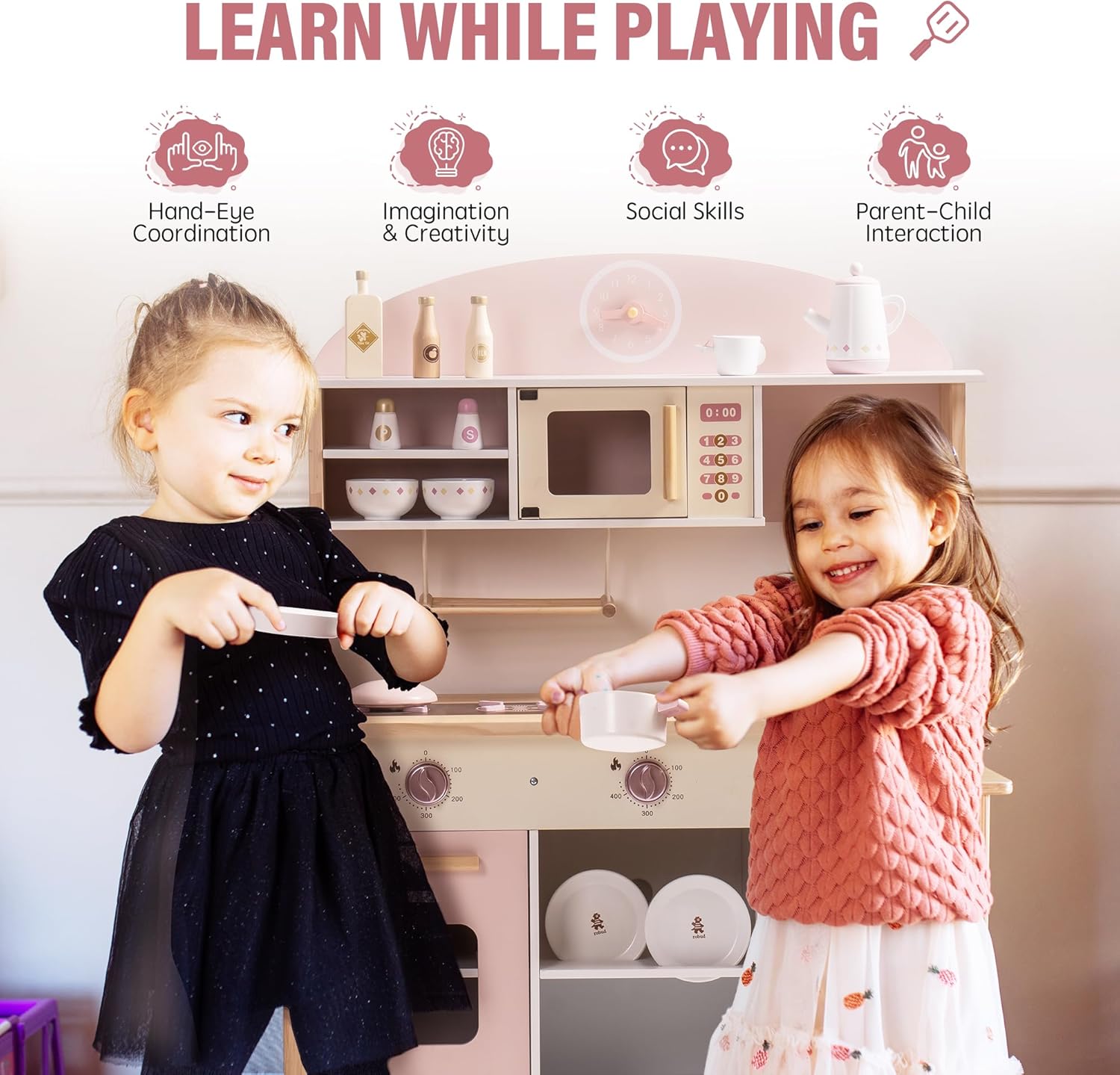 ROBUD Play Kitchen for Kids Toddlers, Wooden Play Kitchen with Realistic Accessories, Toy Kitchen Set with Plenty of Play Features, Modern Style Toy Kitchen for Girls  Boys, Gift for Ages 3 , Pink · v5