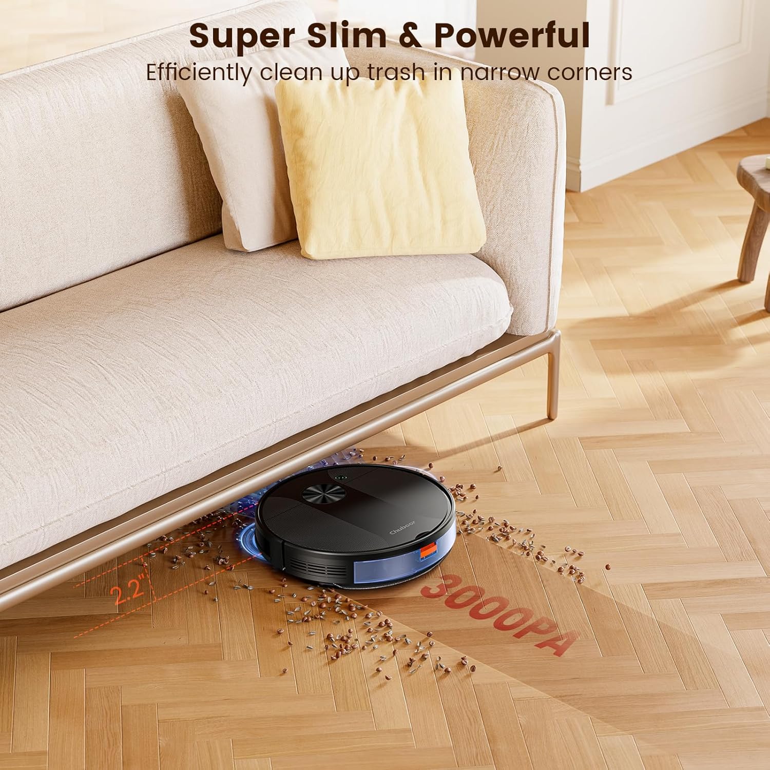 Chuboor robotstofzuiger, krachtige robotstofzuiger en dweilcombinatie van 150 minuten en 3000 Pa, superslanke slimme robotstofzuigers met app, zelfopladende robotstofzuiger
