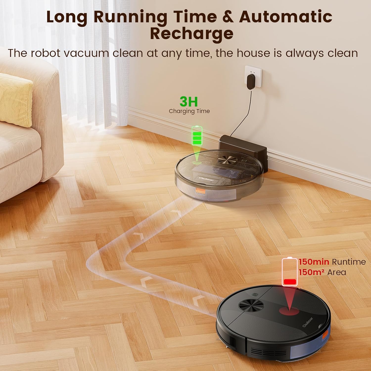 Chuboor robotstofzuiger, krachtige robotstofzuiger en dweilcombinatie van 150 minuten en 3000 Pa, superslanke slimme robotstofzuigers met app, zelfopladende robotstofzuiger