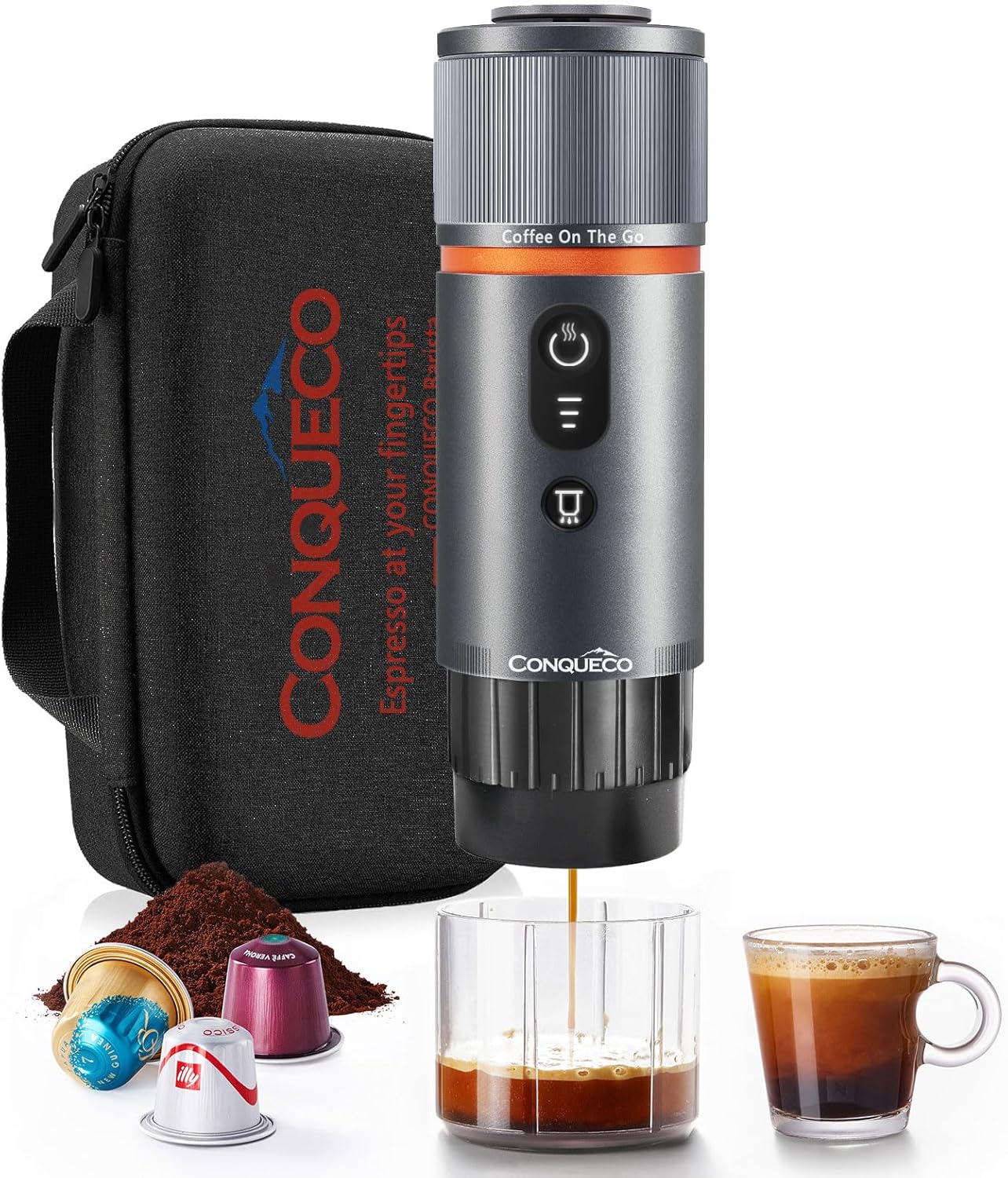 เครื่องชงกาแฟเอสเพรสโซพกพา CONQUECO: เครื่องชงกาแฟเอสเพรสโซพกพาขนาดเล็กแบบไฟฟ้า 12V - เครื่องทำความร้อนอัตโนมัติ 8 ถ้วย ใช้แบตเตอรี่ เข้ากันได้กับแคปซูล Nespresso - สำหรับการตั้งแคมป์ RV เดินป่า สำนักงาน (พร้อมกระเป๋าถือ)