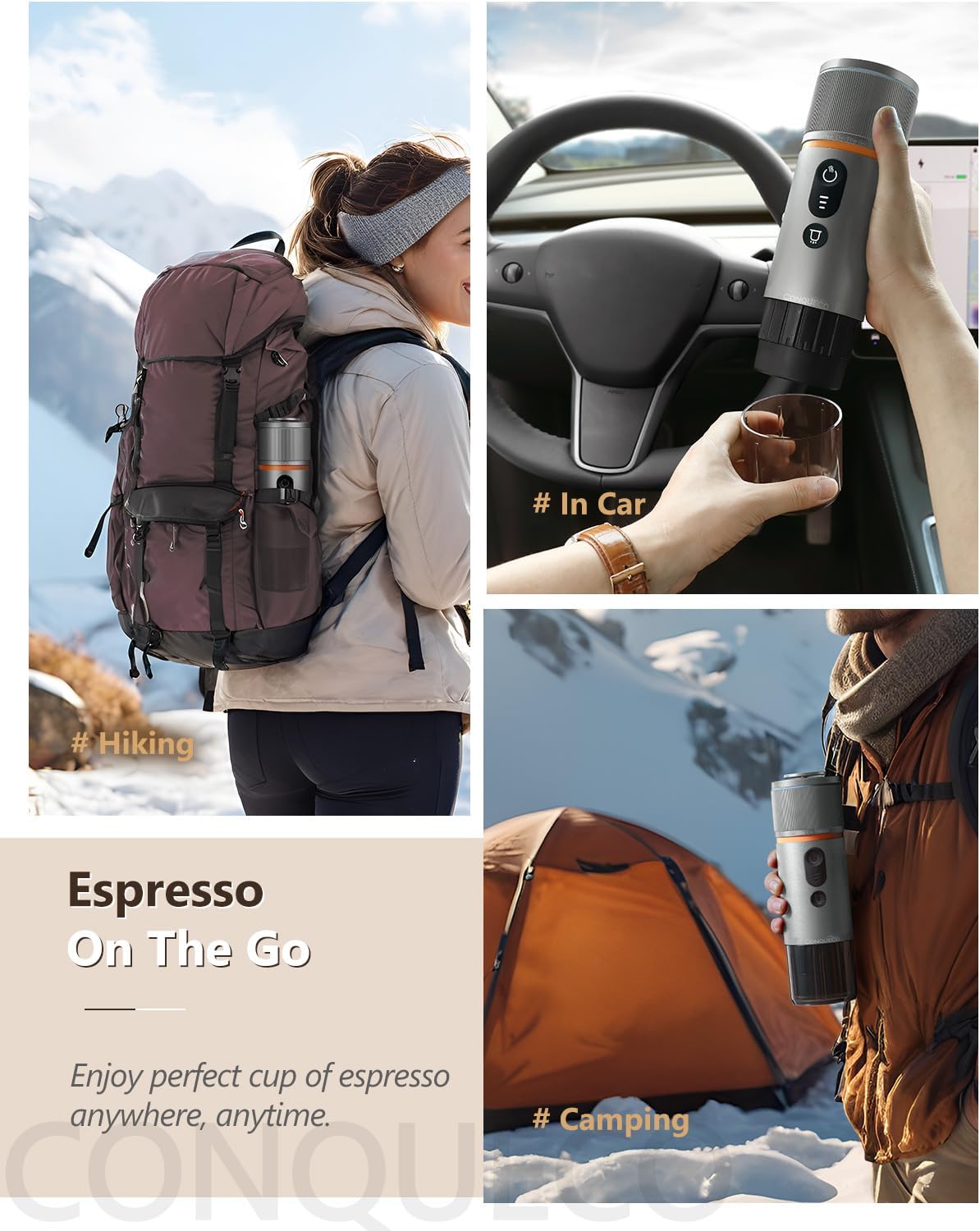 Tragbare Espressomaschine von CONQUECO: Elektrischer kleiner Reise-Espressokocher, 12 V, selbsterwärzend, 8 Tassen, batteriebetrieben, kompatibel mit Nespresso-Kapseln — für Camping, Wohnmobil, Wandern, Büro (mit Handtasche)