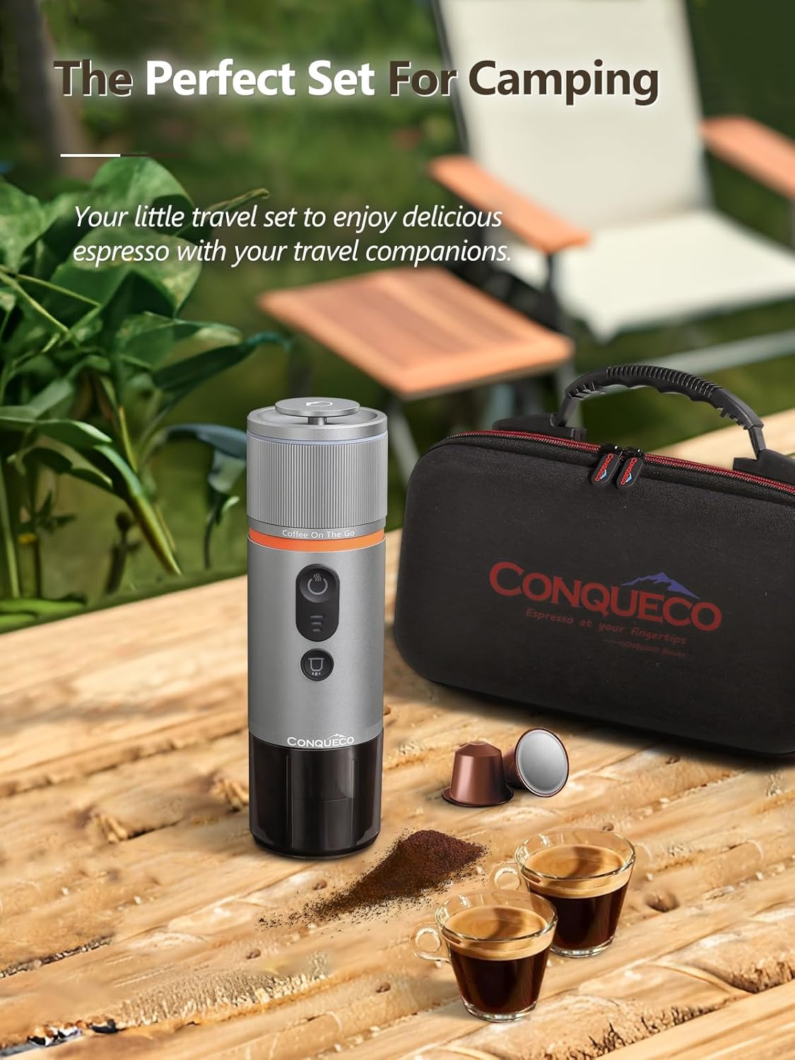 Tragbare Espressomaschine von CONQUECO: Elektrischer kleiner Reise-Espressokocher, 12 V, selbsterwärzend, 8 Tassen, batteriebetrieben, kompatibel mit Nespresso-Kapseln — für Camping, Wohnmobil, Wandern, Büro (mit Handtasche)