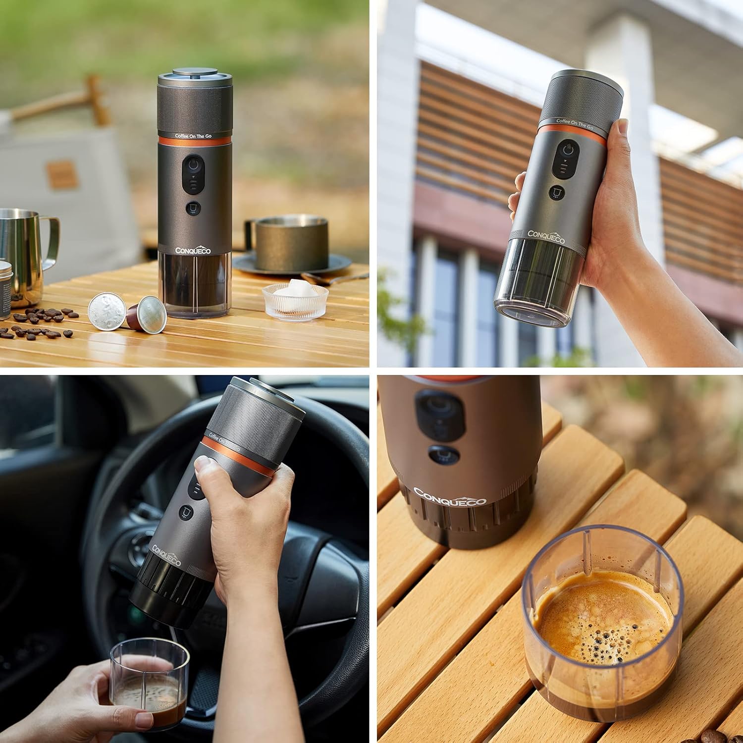 Tragbare Espressomaschine von CONQUECO: Elektrischer kleiner Reise-Espressokocher, 12 V, selbsterwärzend, 8 Tassen, batteriebetrieben, kompatibel mit Nespresso-Kapseln — für Camping, Wohnmobil, Wandern, Büro (mit Handtasche)