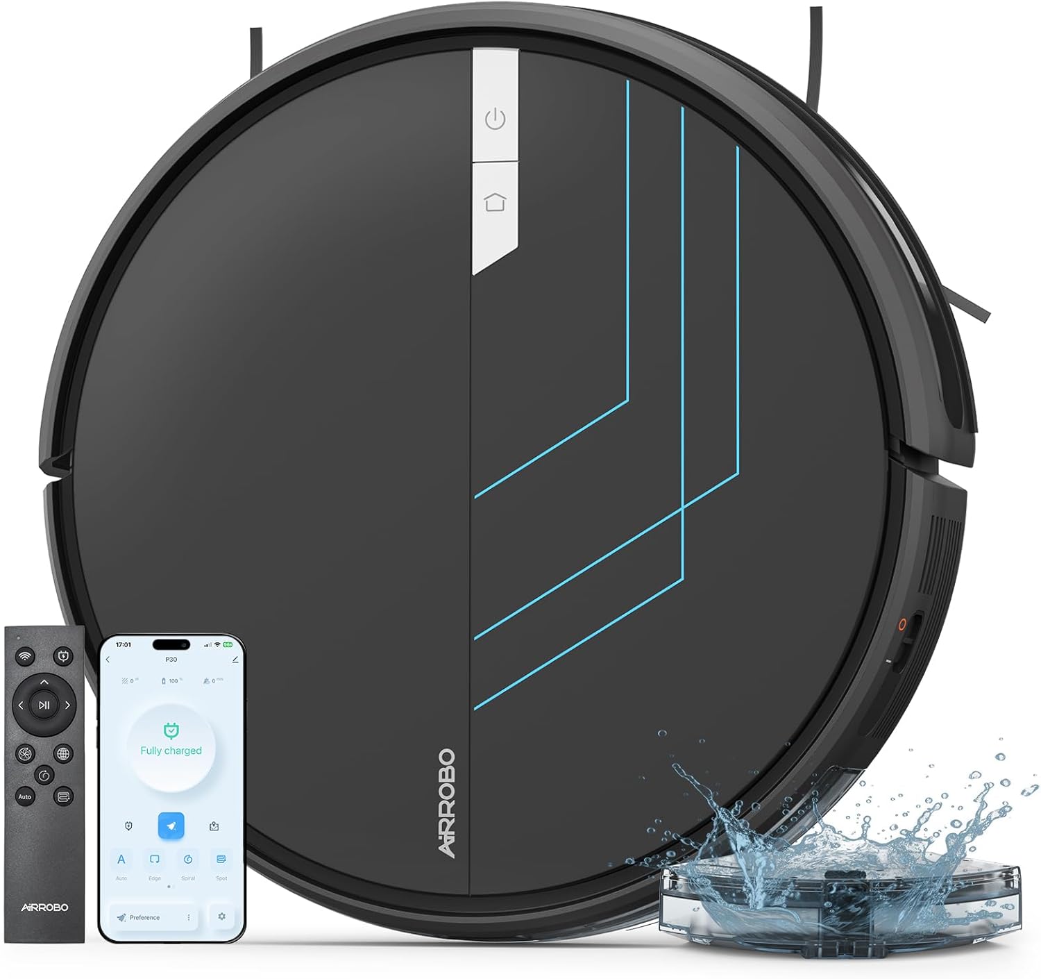 AIRROBO Robot Vacuum and Mop, 3000Pa Strong Suction Power Vacuum Mop Robot, Wi-Fi/App/Alexa, Self-Charging Robotic Vacuum for Hard Floor, Pet Hair and Low-Piled Carpet, Slim Design, Quiet，P30 · v2