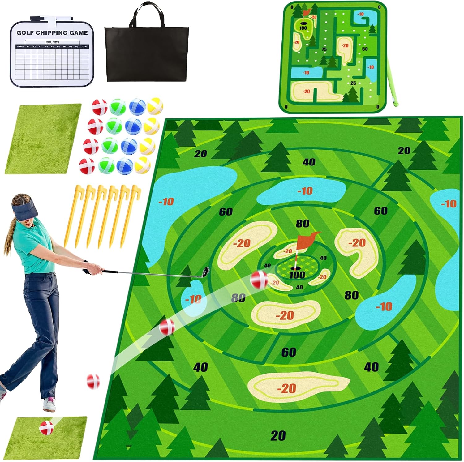 2-in-1 Golf Chipping Game Mat,6.5x5 FT Golf Practice Mat Training Mat Outdoor Indoor Games for Adults Kids Family Backyard Games Party,Outdoor Play Chip Golf Mat Toss Game Toys Gifts (No Club) · v3