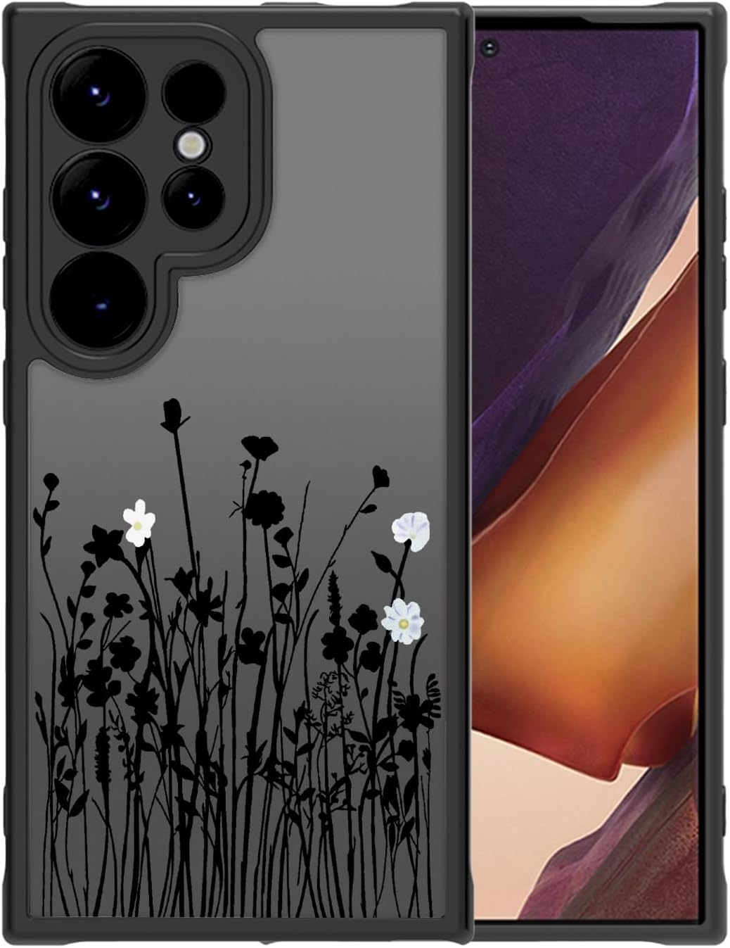do Samsung Galaxy S24 Ultra Case Estetyczne słodkie czarne etui w kwiatowy wzór dla kobiet, dziewczęta, smukłe, odporne na wstrząsy etui ochronne z TPU na zderzak dla S24 Ultra, czarna lawenda