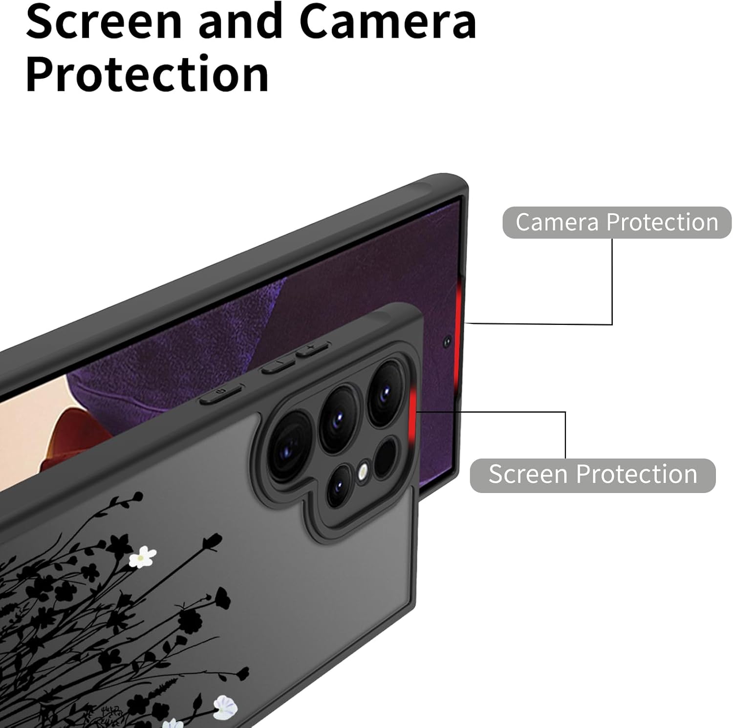 do Samsung Galaxy S24 Ultra Case Estetyczne słodkie czarne etui w kwiatowy wzór dla kobiet, dziewczęta, smukłe, odporne na wstrząsy etui ochronne z TPU na zderzak dla S24 Ultra, czarna lawenda