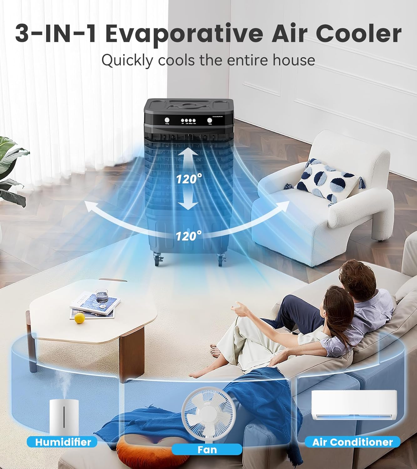 Máy điều hòa không khí di động Quạt làm mát, Máy điều hòa không khí mini bay hơi nâng cấp di động với 3 tốc độ phun sương mát, 7 đèn ngủ (Xám đậm)