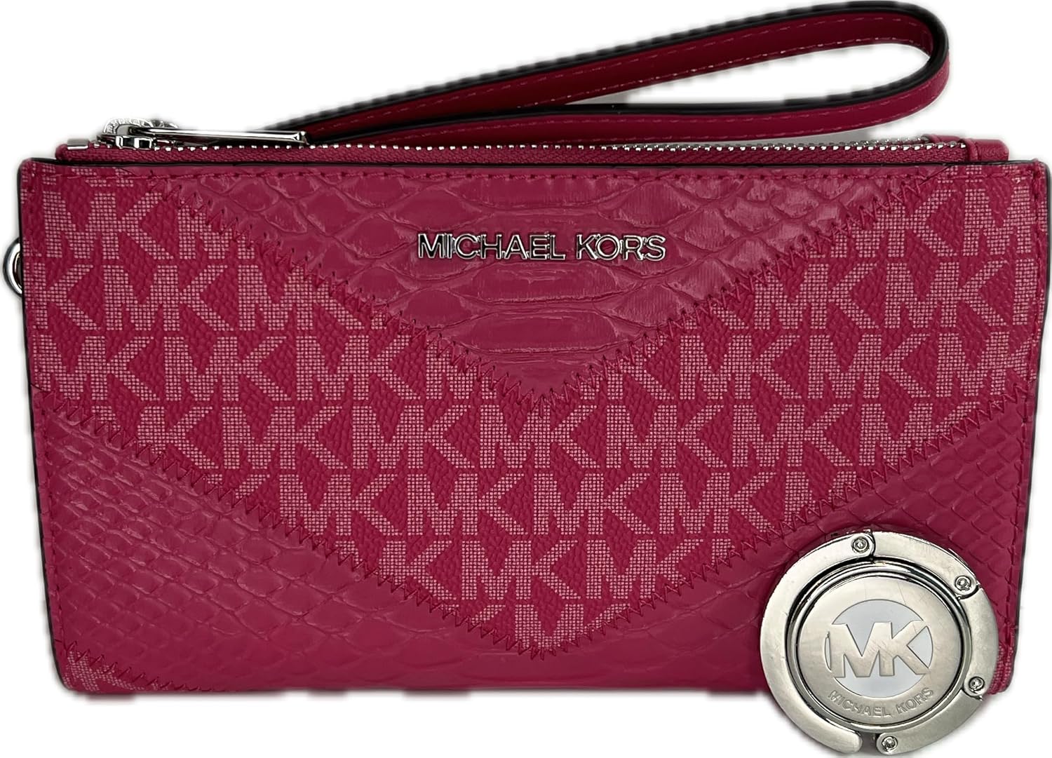 Michael Kors Jet Set Travel Double Zip Wristlet bundled with Purse Hook (Electric Pink Multi)