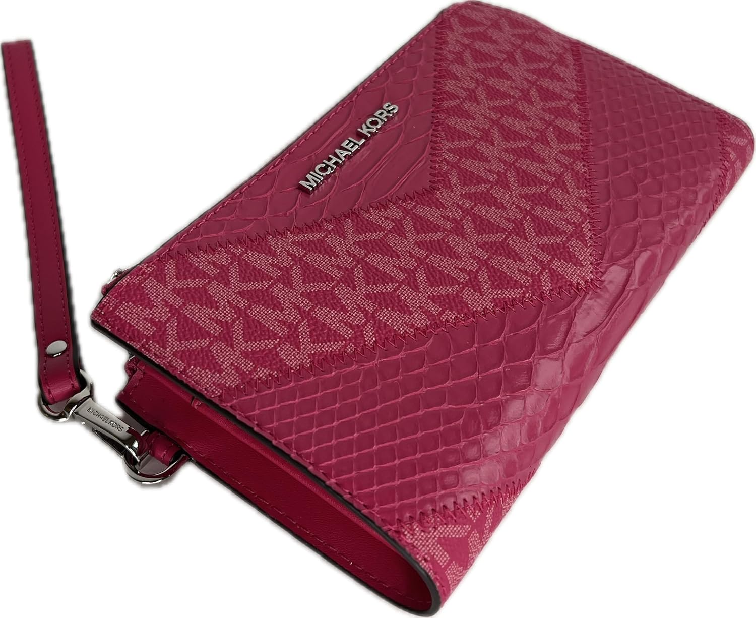 Michael Kors Jet Set Travel Double Zip Wristlet bundled with Purse Hook (Electric Pink Multi)
