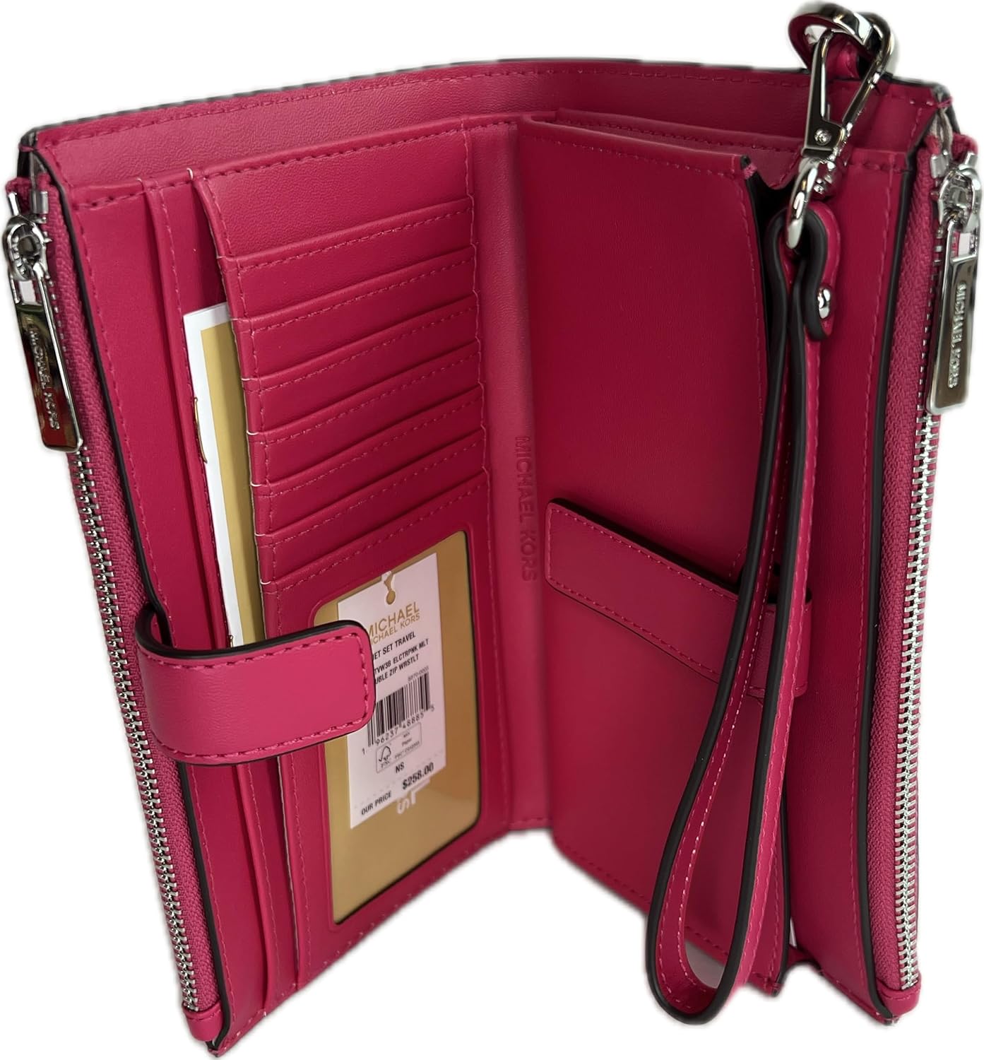 Michael Kors Jet Set Travel Double Zip Wristlet bundled with Purse Hook (Electric Pink Multi)