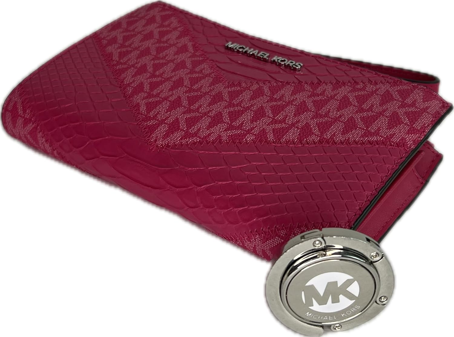 Michael Kors Jet Set Travel Double Zip Wristlet bundled with Purse Hook (Electric Pink Multi)