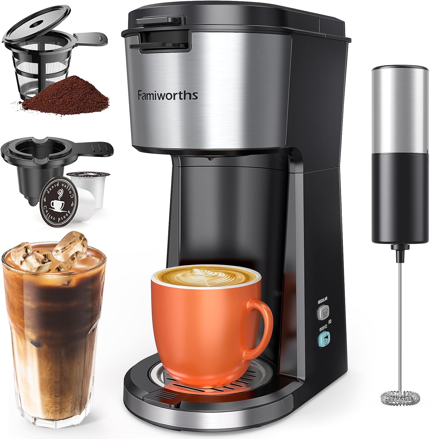 Cafetera Famiworths de una sola porción con espumador de leche, cafetera fría y caliente para café molido K Cup, tamaños de cerveza de 6 a 14 onzas, máquina de café helado para el hogar, la oficina y la autocaravana