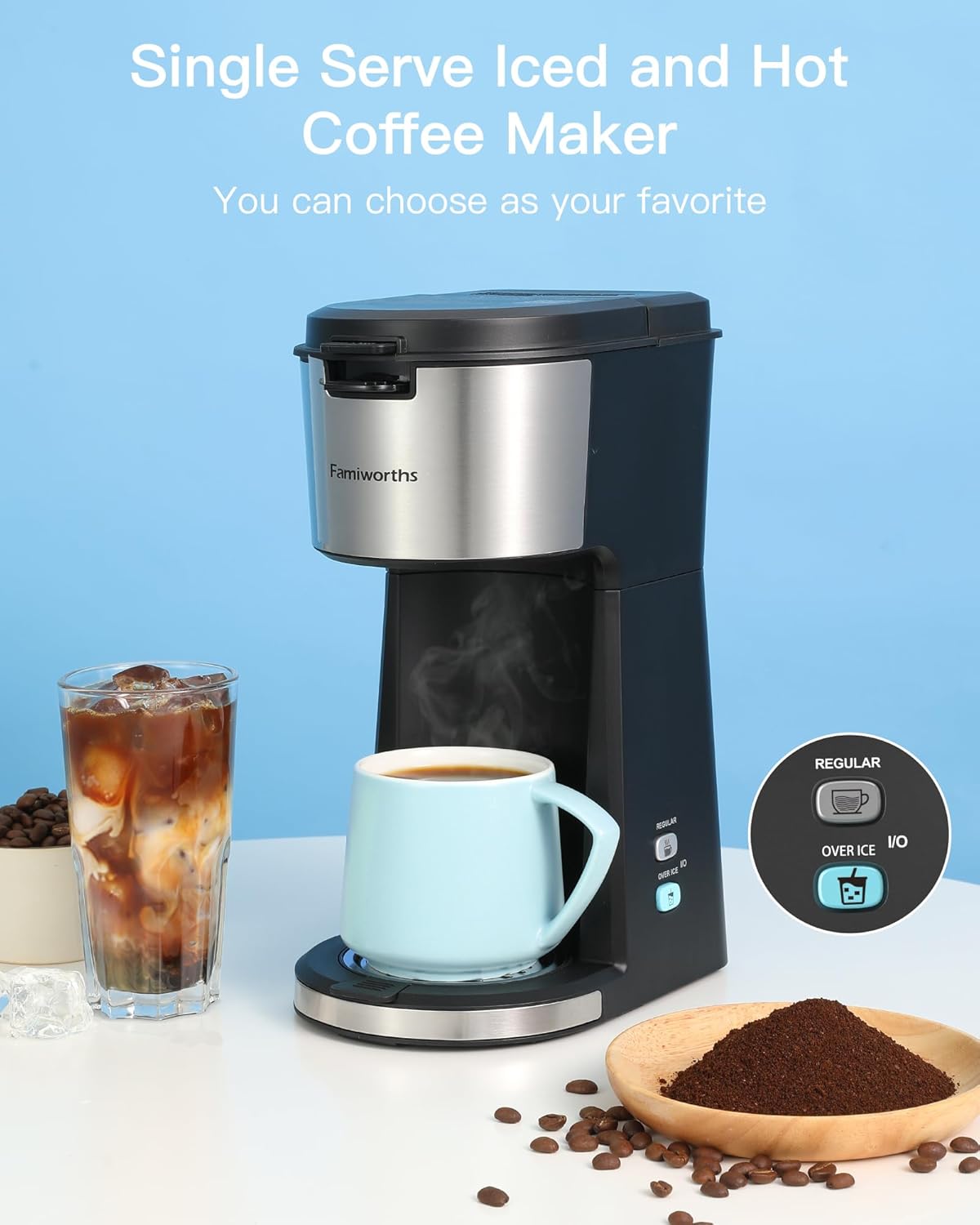 Famiworths Single Serve Coffee Maker with Milk Frother, Iced and Hot Coffee Maker for K Cup  Ground Coffee, 6 to 14 Oz Brew Sizes, Iced Coffee Machine for Home, Office and RV · v2