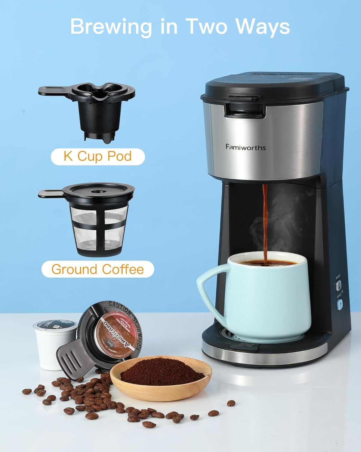 Famiworths Single Serve Coffee Maker with Milk Frother, Iced and Hot Coffee Maker for K Cup  Ground Coffee, 6 to 14 Oz Brew Sizes, Iced Coffee Machine for Home, Office and RV · v2