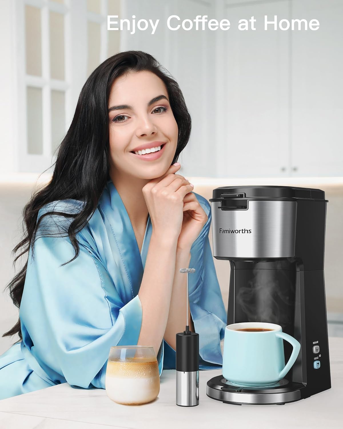Famiworths Single Serve Coffee Maker with Milk Frother, Iced and Hot Coffee Maker for K Cup  Ground Coffee, 6 to 14 Oz Brew Sizes, Iced Coffee Machine for Home, Office and RV · v2