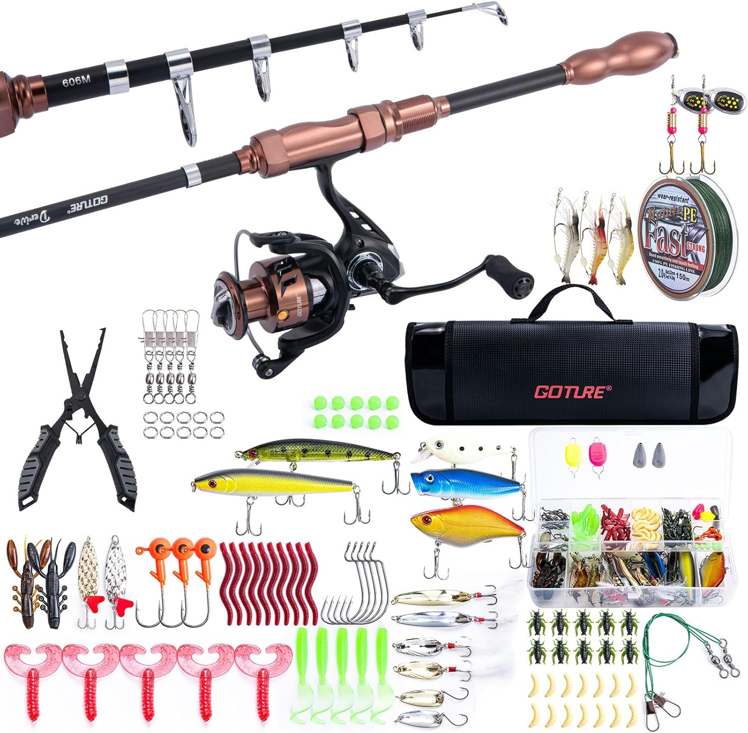 Goture Kombination aus Angelrute und Rolle, teleskopische Angelrute, Spinnrollenköder-Set mit Tragetasche, Teleskop-Angelrute, Angelset für Einsteiger auf Reisen, Salzwasser, Süßwasser, Angelausrüstung, Geschenk