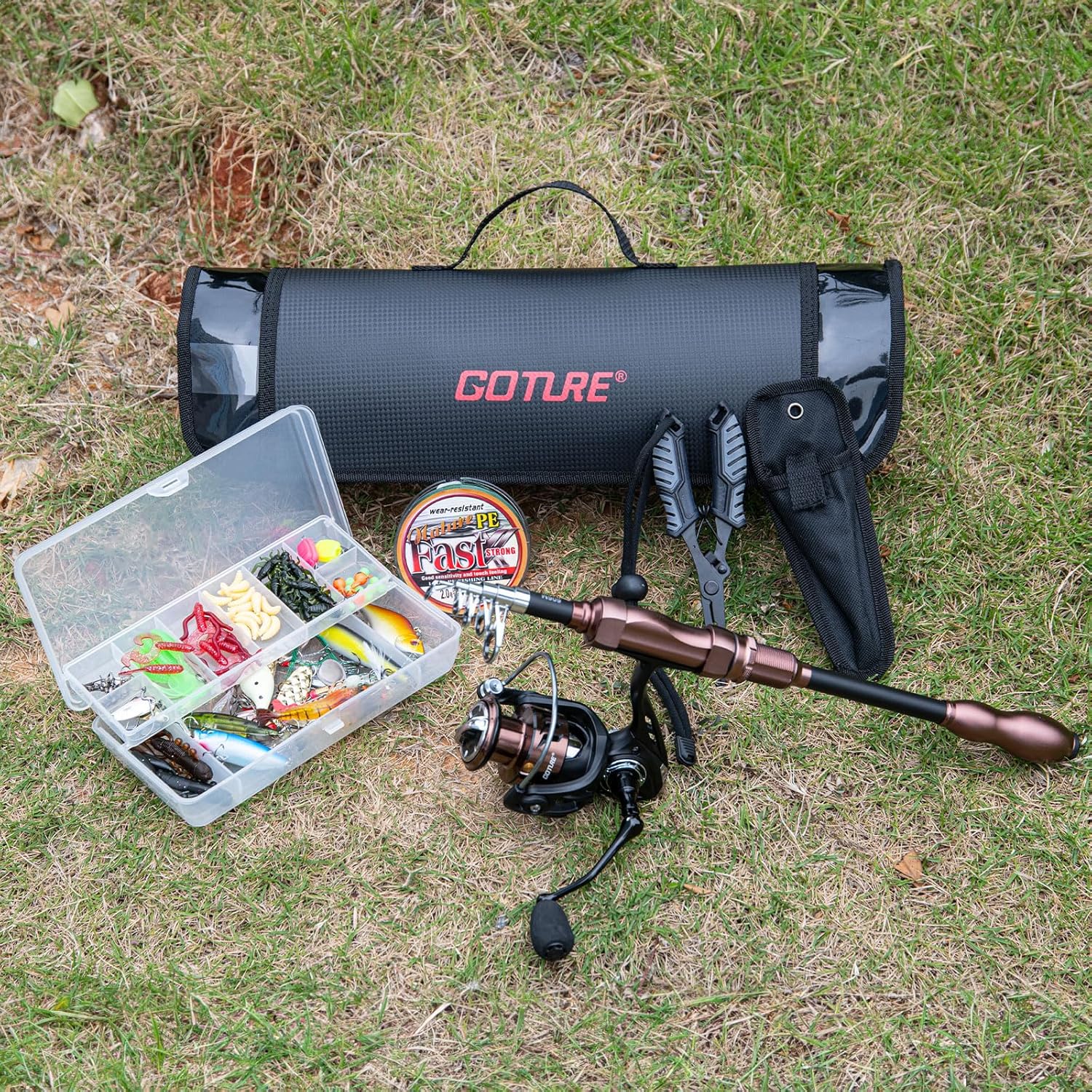 Goture 낚싯대 및 릴 콤보-망원경 낚싯대 스피닝 릴 미끼 세트, 캐리어 가방 포함, 초보자를 위한 망원경 낚싯대 낚시 키트, 여행용 소금물 민물 낚시 장비 선물