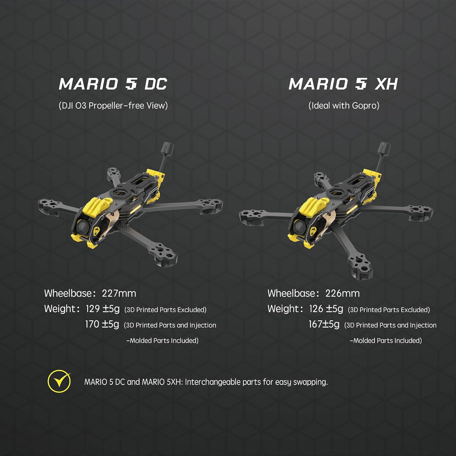 Telaio per drone FPV SpeedyBee Mario 5 DC versione avanzata - passo 227 mm, design leggero, testa in lega di alluminio CNC, compatibile con l'unità aerea DJI O3, ideale per il volo cinematografico e freestyle