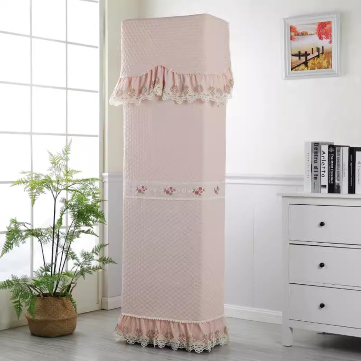 Beautiful and atmospheric, 3-piece living room square cabinet, vertical embroidered air conditioner dust cover (Coastal - Pink (Vertical Square Full Bag), Height 170 * Width 50 * Thickness 30cm)