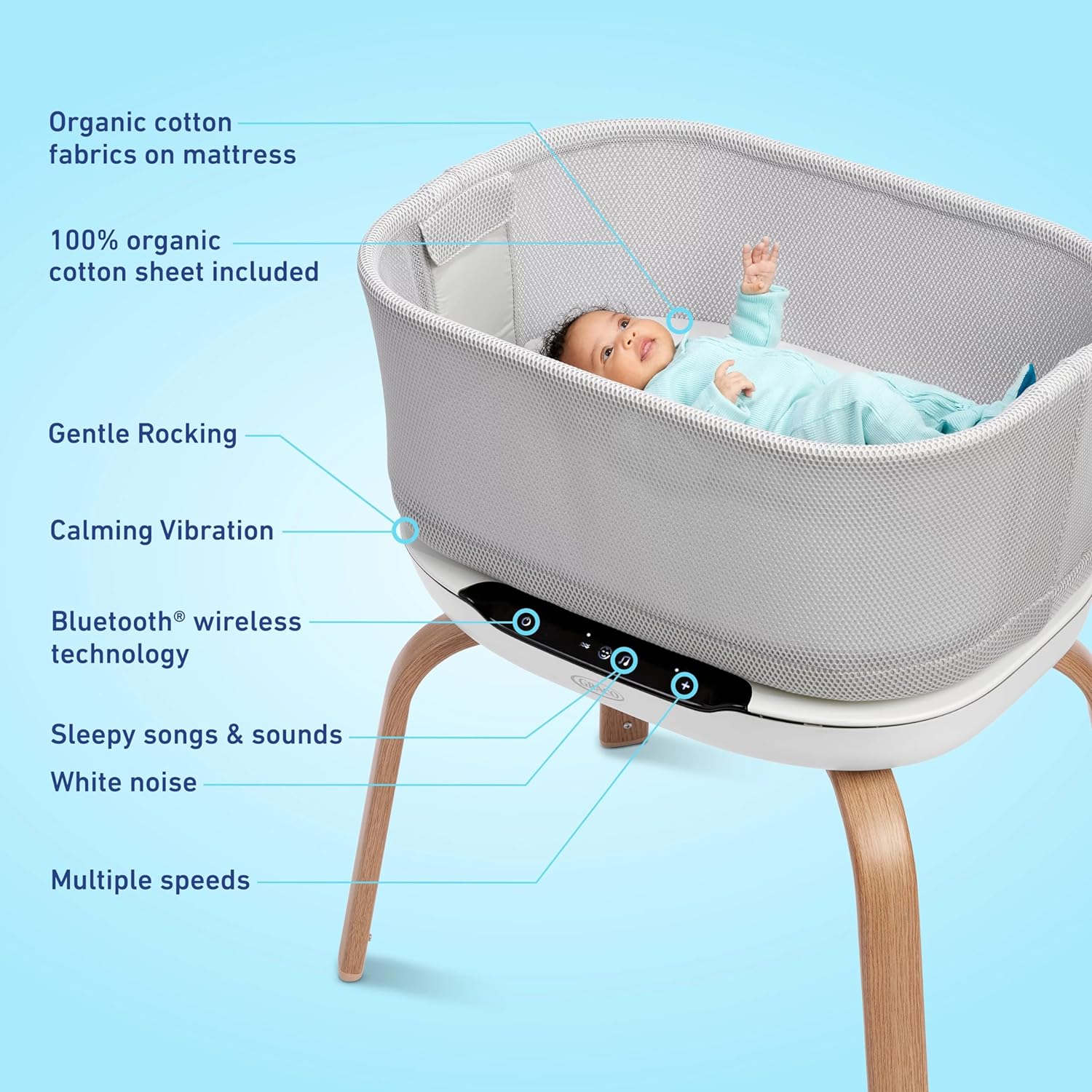 Graco® SmartSense™ Yatıştırıcı Bebek Beşiği — Akıllı Yenidoğan Bebeği 6 Aya Kadar Yeni Doğan Bebekler İçin Bebeklerin Ağlamalarını Algılar ve Otomatik Olarak Yanıt Verir