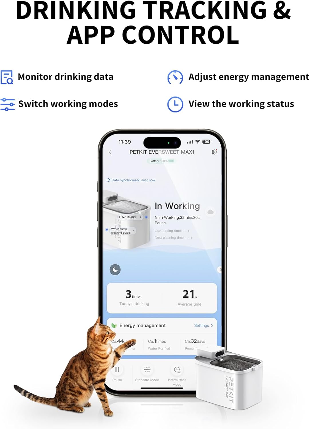 PETKIT EVERSWEET MAX Cordless Cat Water Fountain, 105 fl oz/3L Pet Water Fountain for Cats Dogs Inside, Automatic Cat Water Dispenser with Replacement Filter, App Control · v7