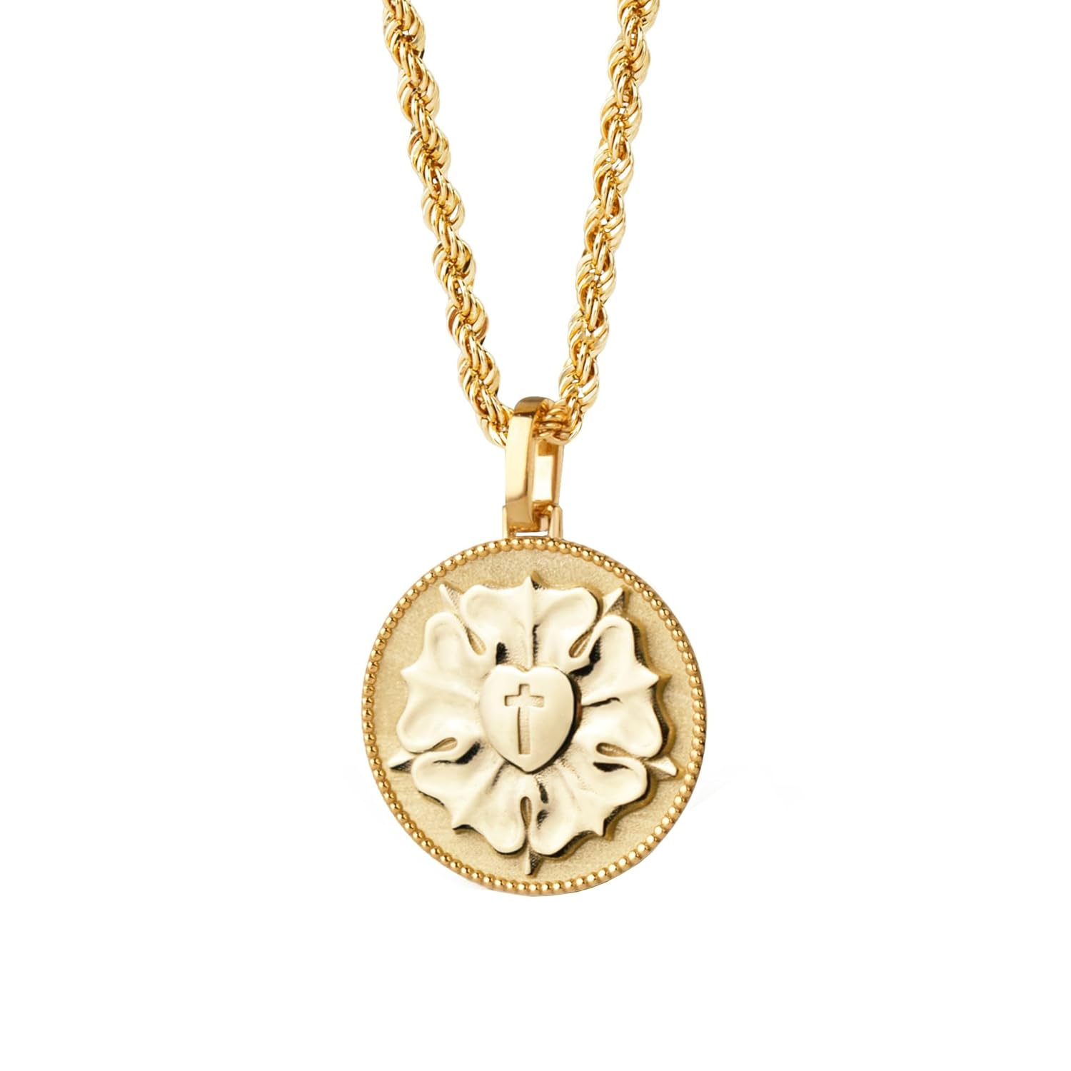 Gold Luther Rose Necklace, Christian Coin Pendant (No Chain included, Real 14K Gold) · v2