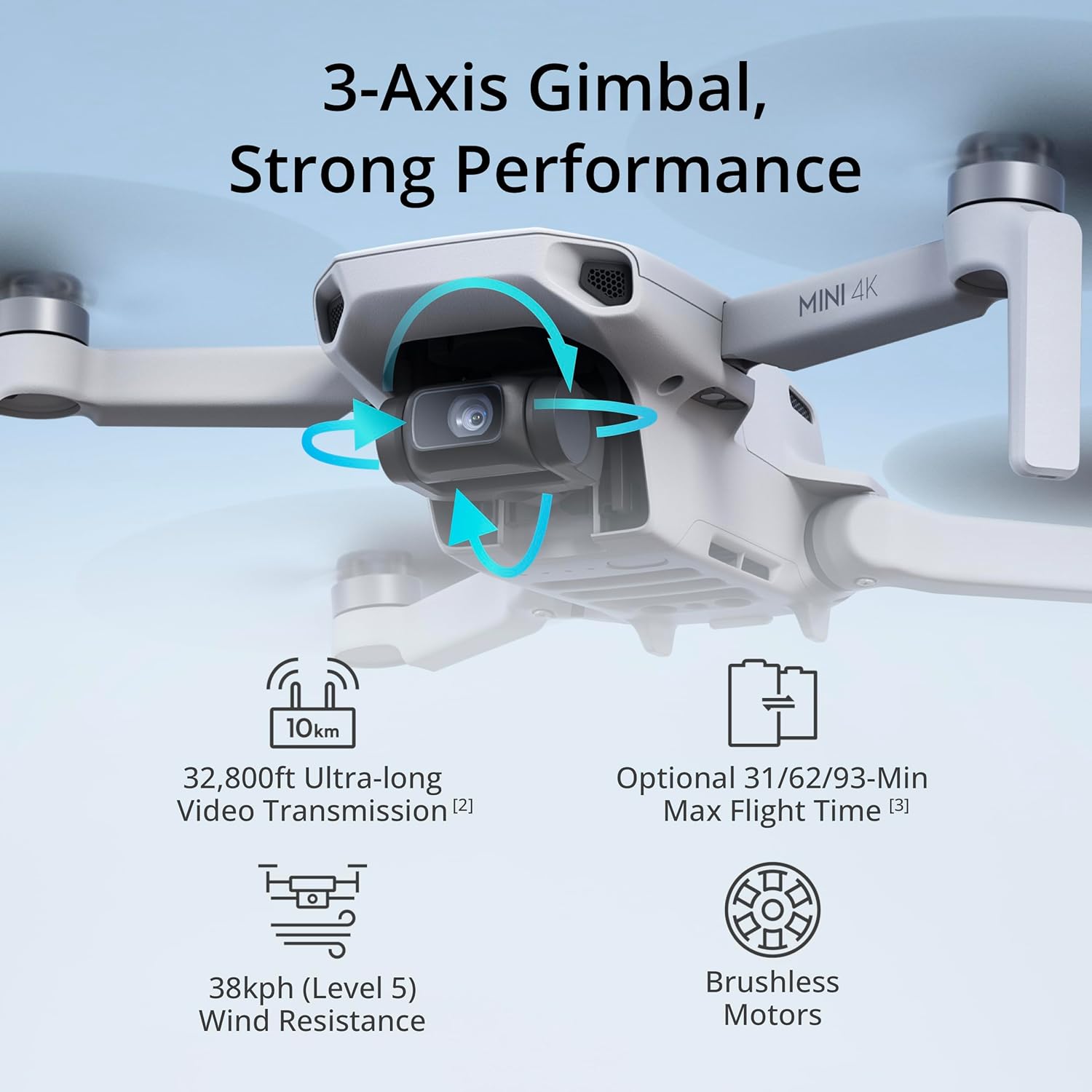 DJI Mini 4K, drone avec caméra 4K UHD pour adultes, moins de 249 g, stabilisation par cardan sur 3 axes, transmission vidéo 10 km, retour automatique, résistance au vent, 1 batterie pour 31 minutes de vol maximum, vol intelligent
