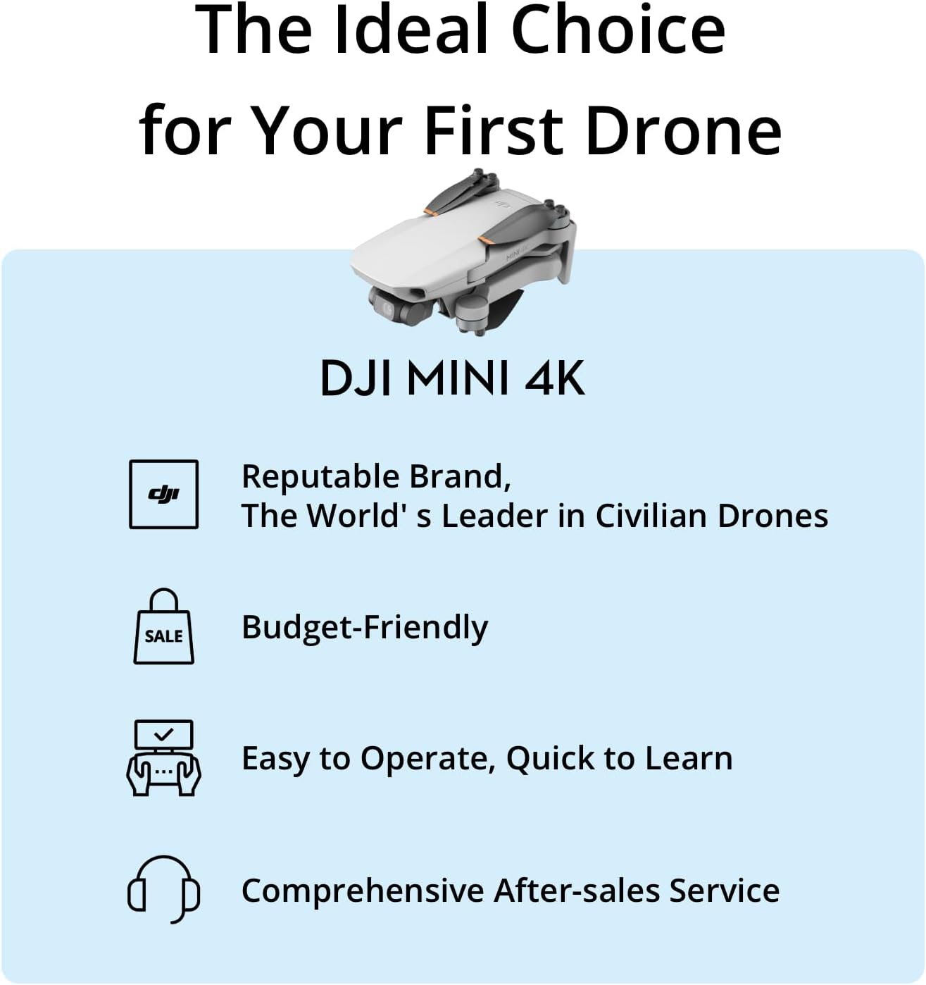 DJI Mini 4K, drone avec caméra 4K UHD pour adultes, moins de 249 g, stabilisation par cardan sur 3 axes, transmission vidéo 10 km, retour automatique, résistance au vent, 1 batterie pour 31 minutes de vol maximum, vol intelligent