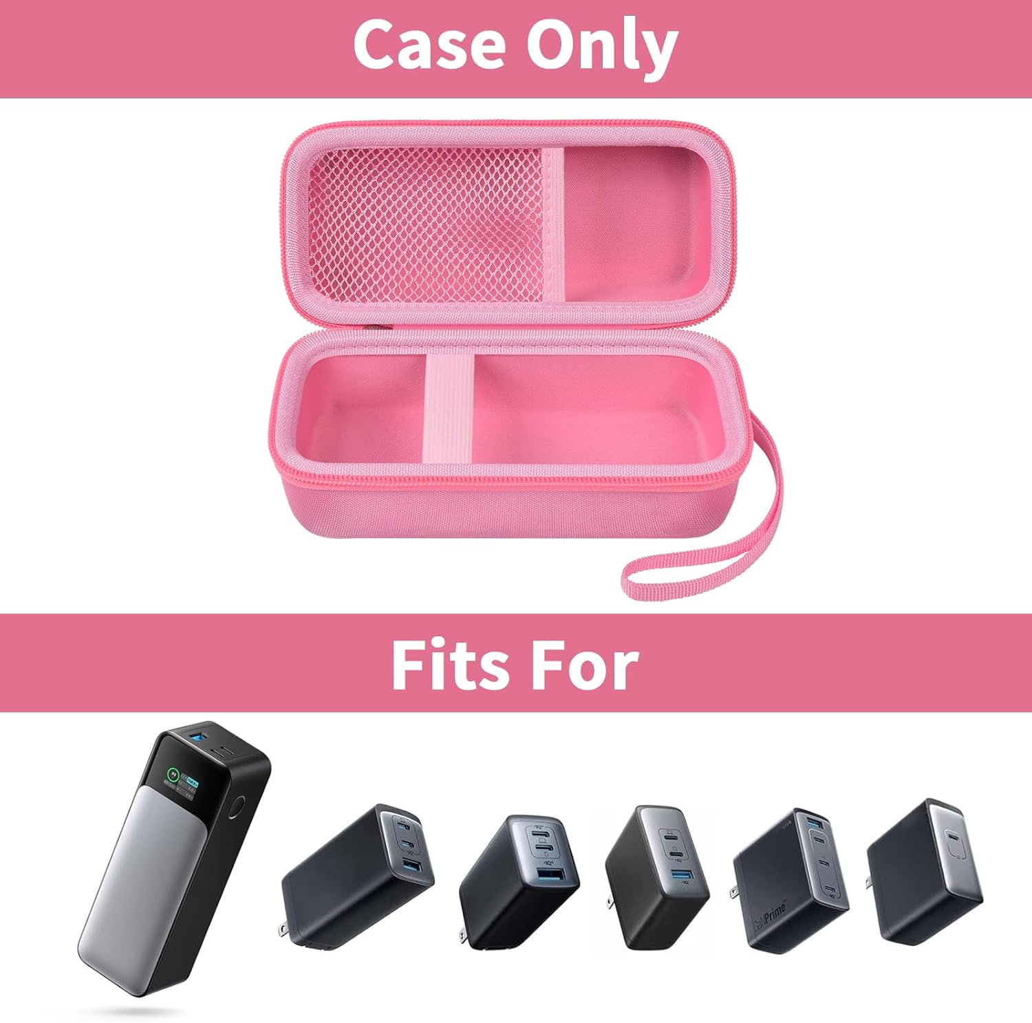 Étui Casmilee compatible avec chargeur portable USB-C Anker 737/735/ 736/717, batterie externe, sac mural pliable et rapide pour adaptateur secteur GaN Prime Nano II, poche Powercore pour câble d'éclairage (rose)