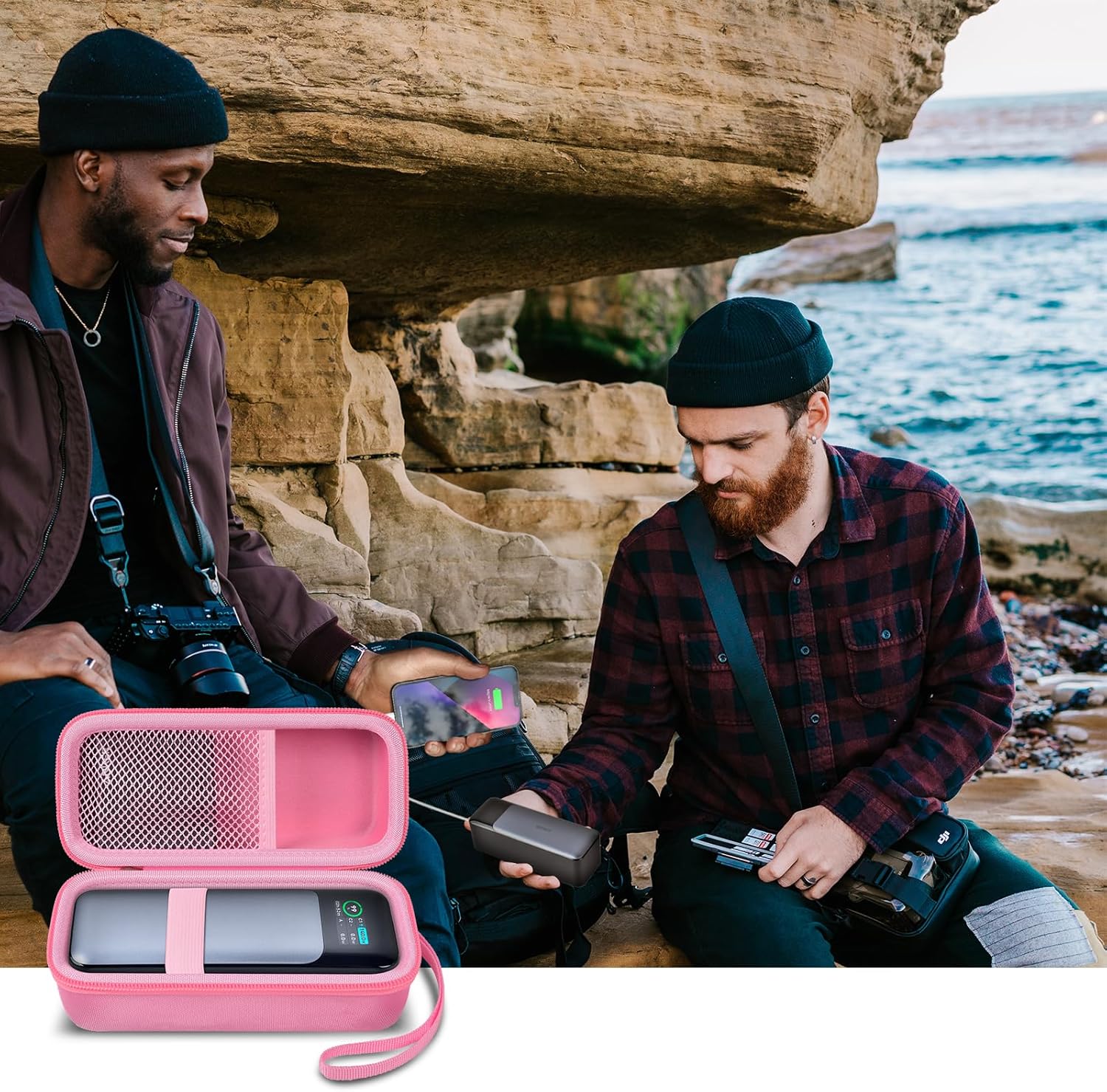 Étui Casmilee compatible avec chargeur portable USB-C Anker 737/735/ 736/717, batterie externe, sac mural pliable et rapide pour adaptateur secteur GaN Prime Nano II, poche Powercore pour câble d'éclairage (rose)