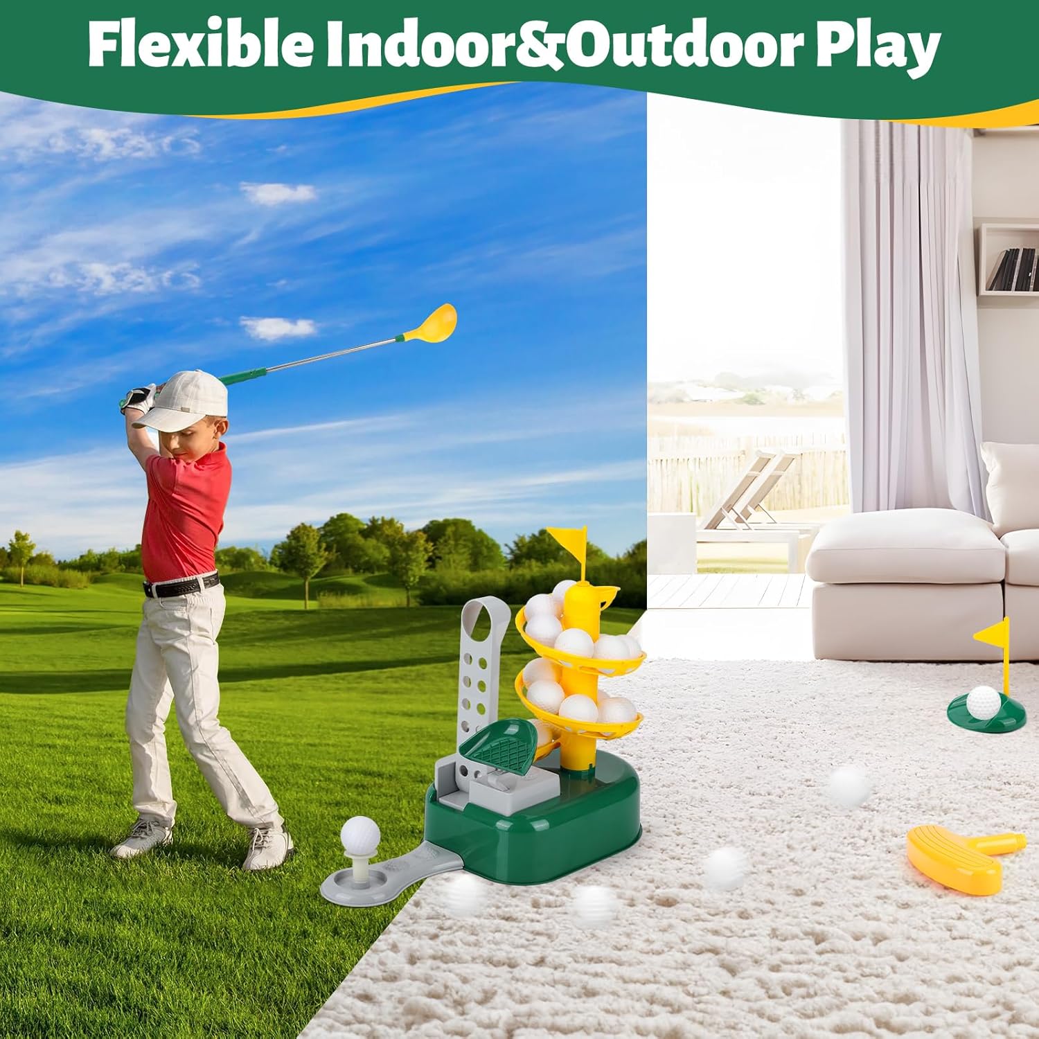 Set mazze da golf Liberry Kids per bambini di 3 4 5 6 7 anni, set da golf per bambini con dispenser da golf, mazze retrattili a 2 teste, giocattoli per sport interni ed esterni, regali di compleanno