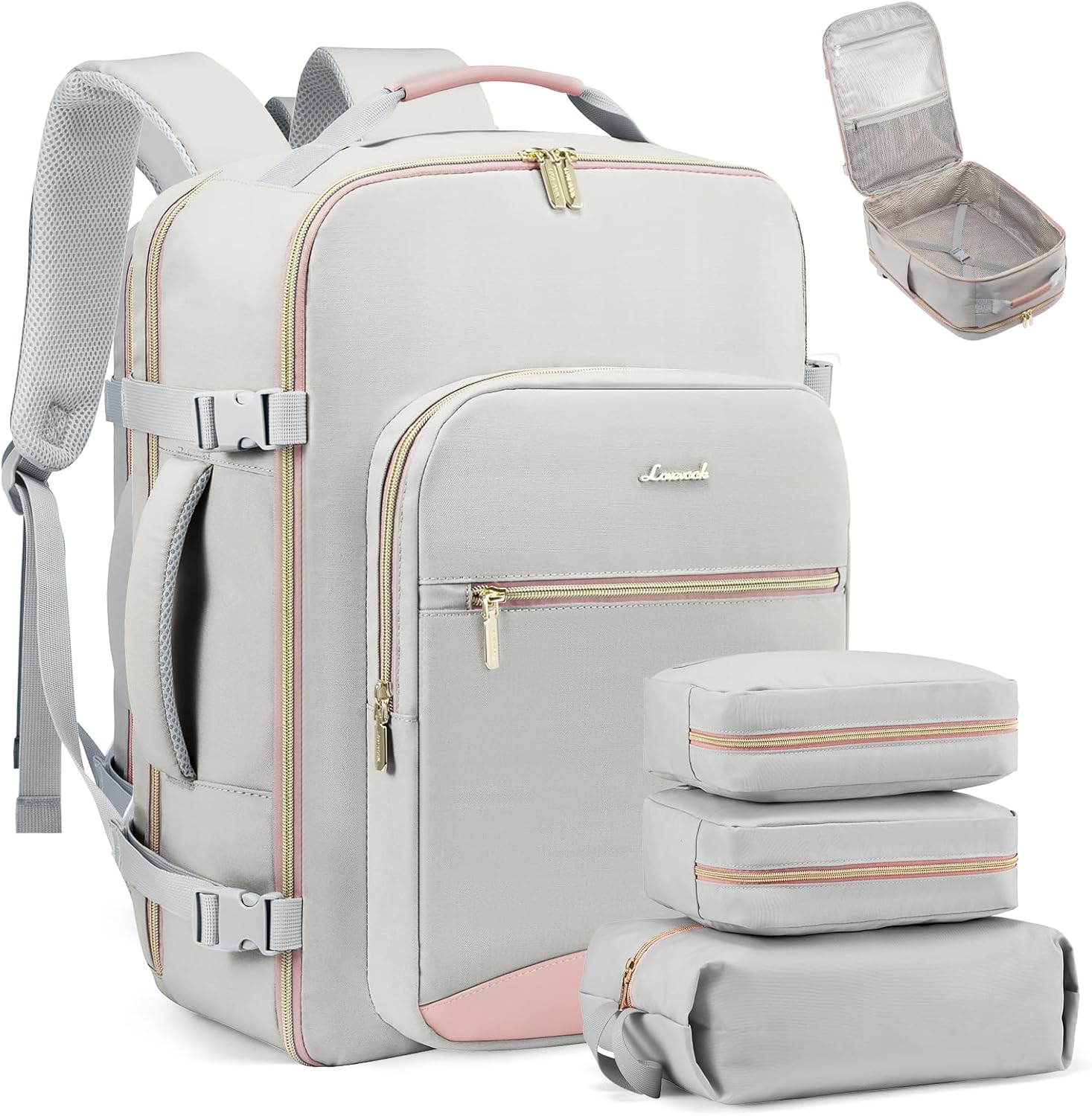 LOVEVOOK กระเป๋าเป้สะพายหลังแบบถือขึ้นเครื่อง 50 ลิตร เป้สะพายหลังเดินทาง ผ่านการรับรองการบิน กระเป๋าเป้สะพายหลังกันน้ำขนาดใหญ่ 18 นิ้วสำหรับใส่แล็ปท็อป กระเป๋าเดินทางแบบไปเช้าเย็นกลับสำหรับธุรกิจสุดสัปดาห์ กระเป๋าเดินทางแบบค้างคืนพร้อมช่องบรรจุของ 3 ช่อง สีเทาอ่อน-ชมพู