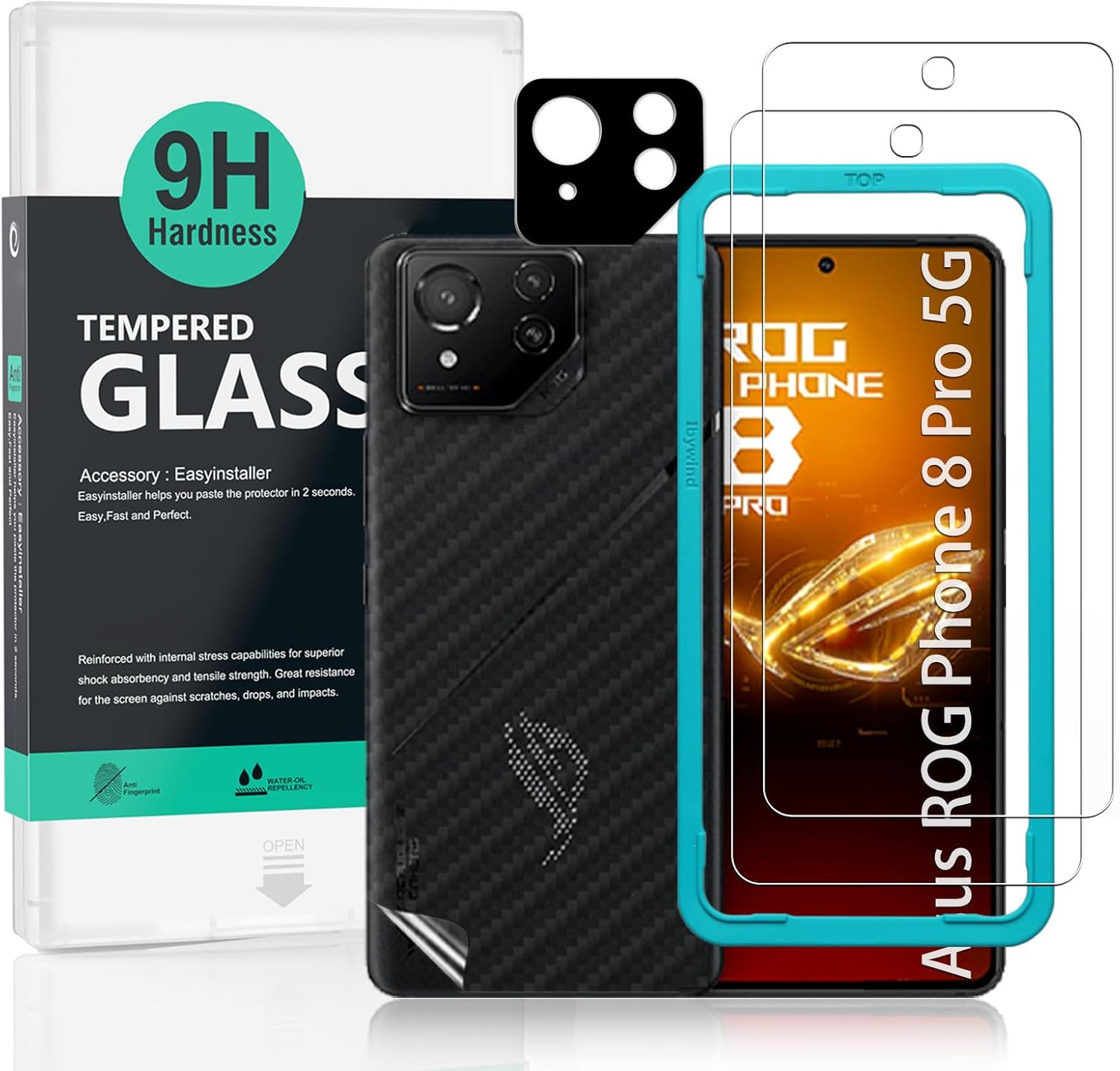 Lot de 2 films de protection d'écran Ibywind pour Asus ROG Phone 8 Pro 5G 6,78,9H, en verre trempé, avec 1 protecteur d'objectif pour appareil photo, 1 film arrière en fibre de carbone