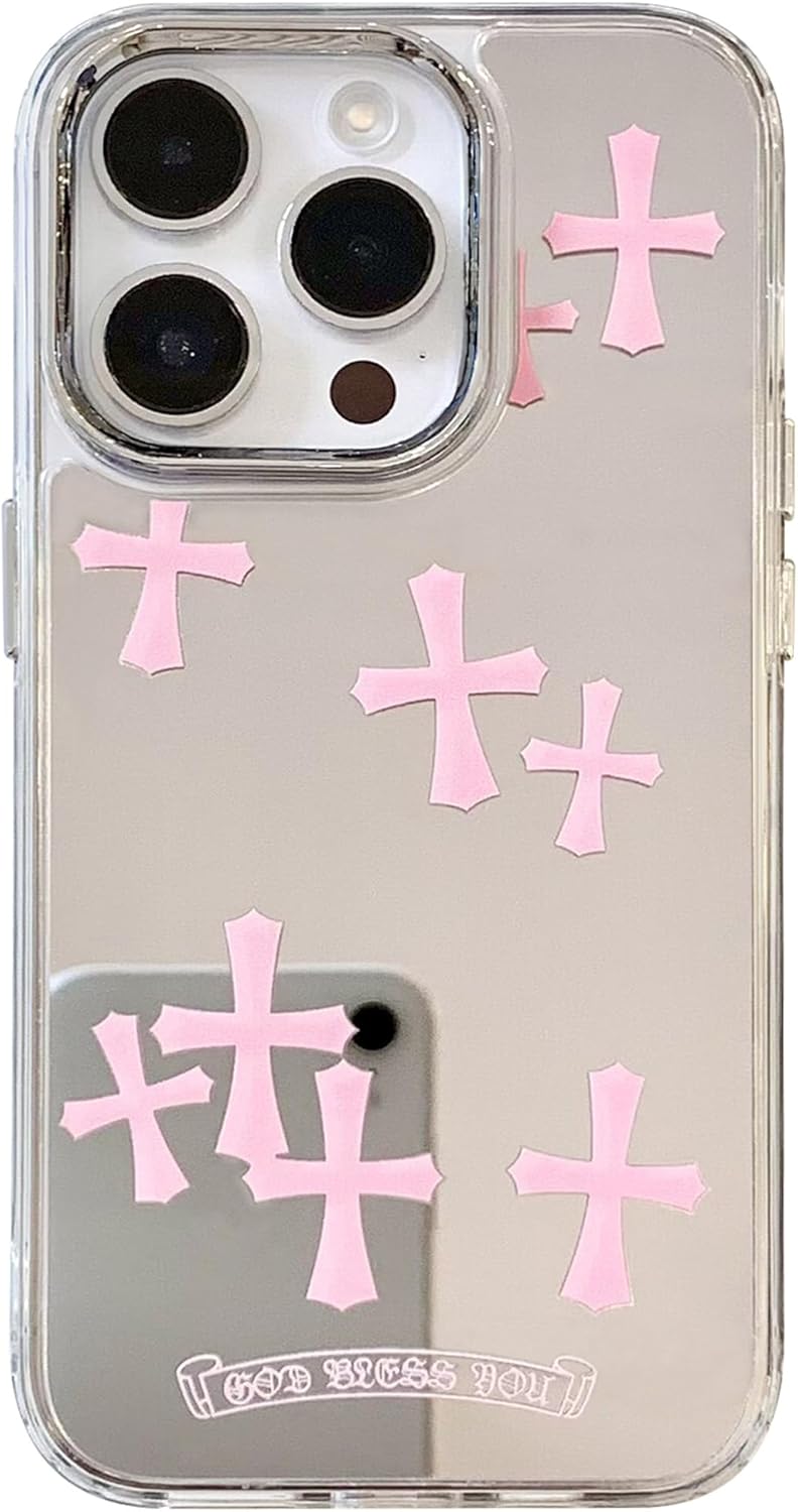 Adatto per iPhone 15 Pro Max Case Bless Cross Phone Case per iPhone 14 Custodie protettive antiurto Custodia per telefono a specchio (rosa, 13/14)