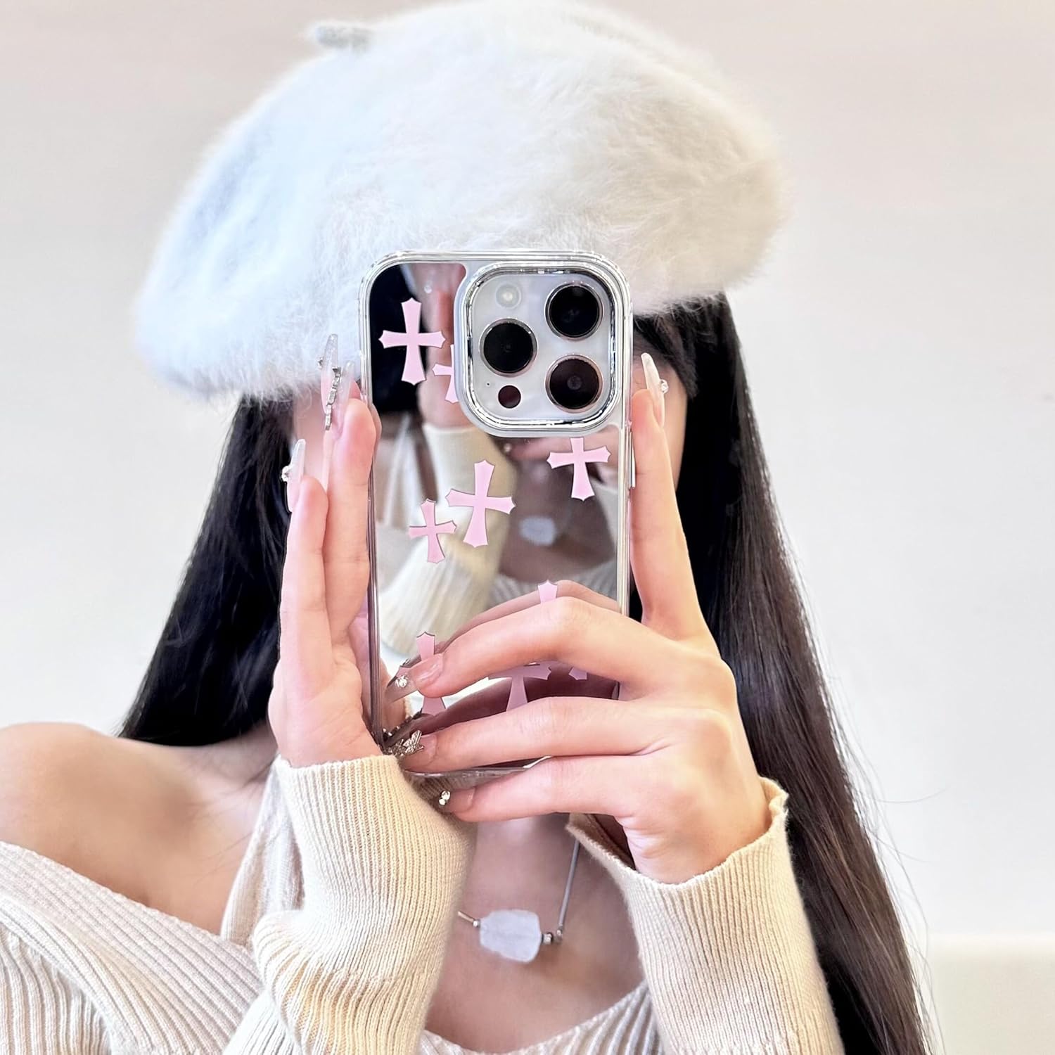 Fits iPhone 15 Pro Max Case Bless Cross Phone Case for iPhone 14 Shockproof Protective Cases Mirror Phone Case (Pink, 13/14)